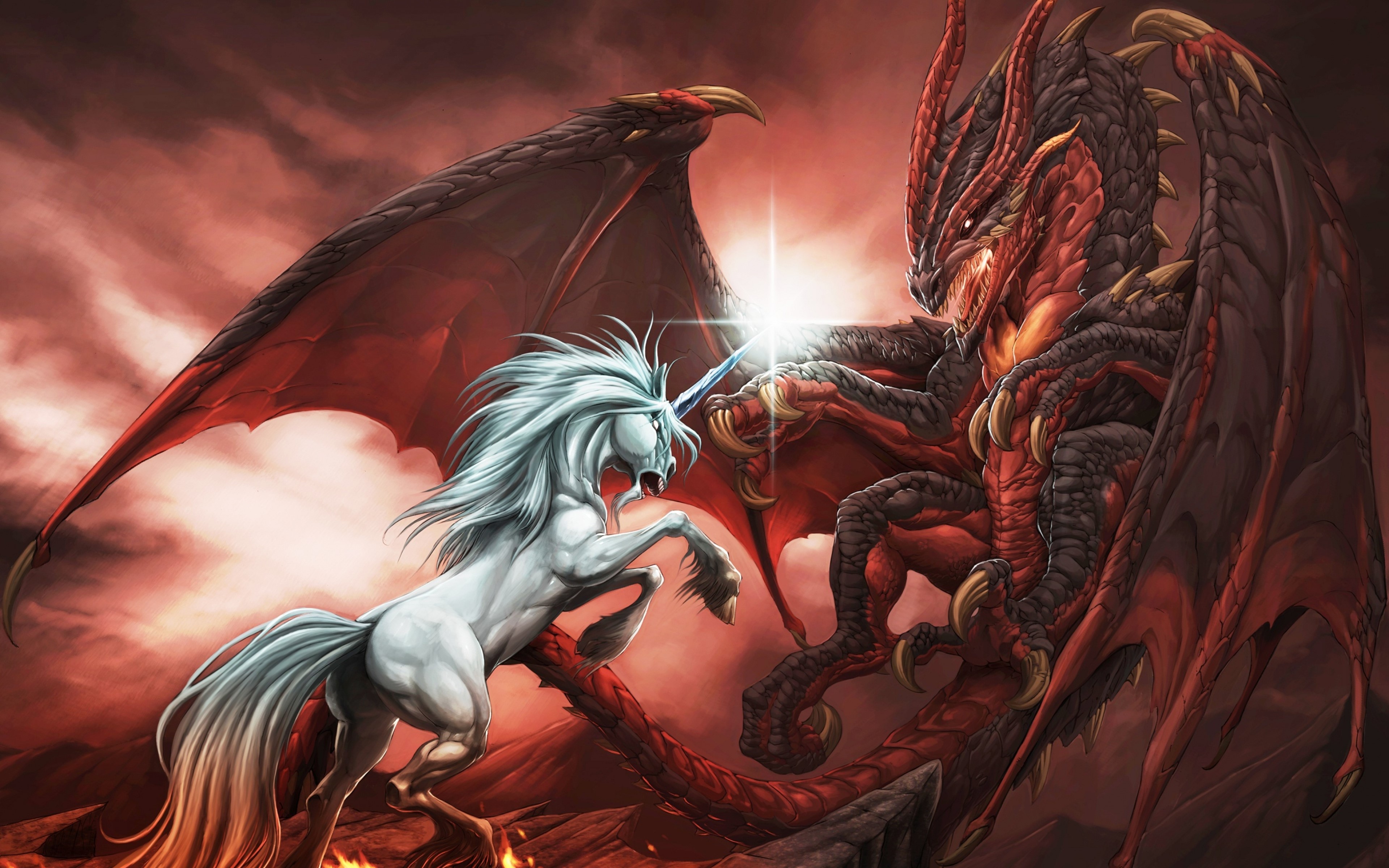 4K Unicorn Fighting Dragon HD Wallpaper