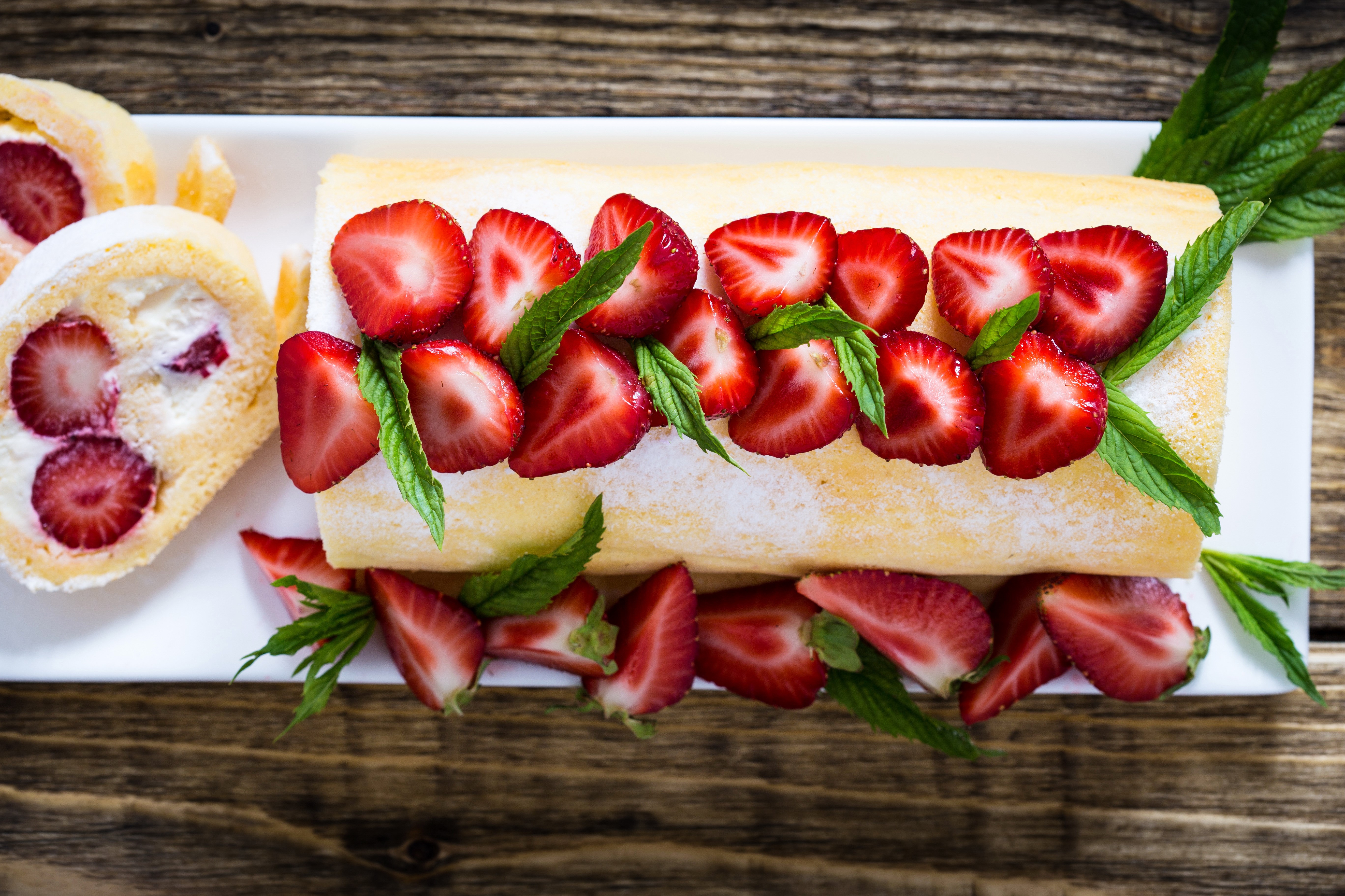 Strawberry Swiss Roll Cake with Mint HD Wallpaper
