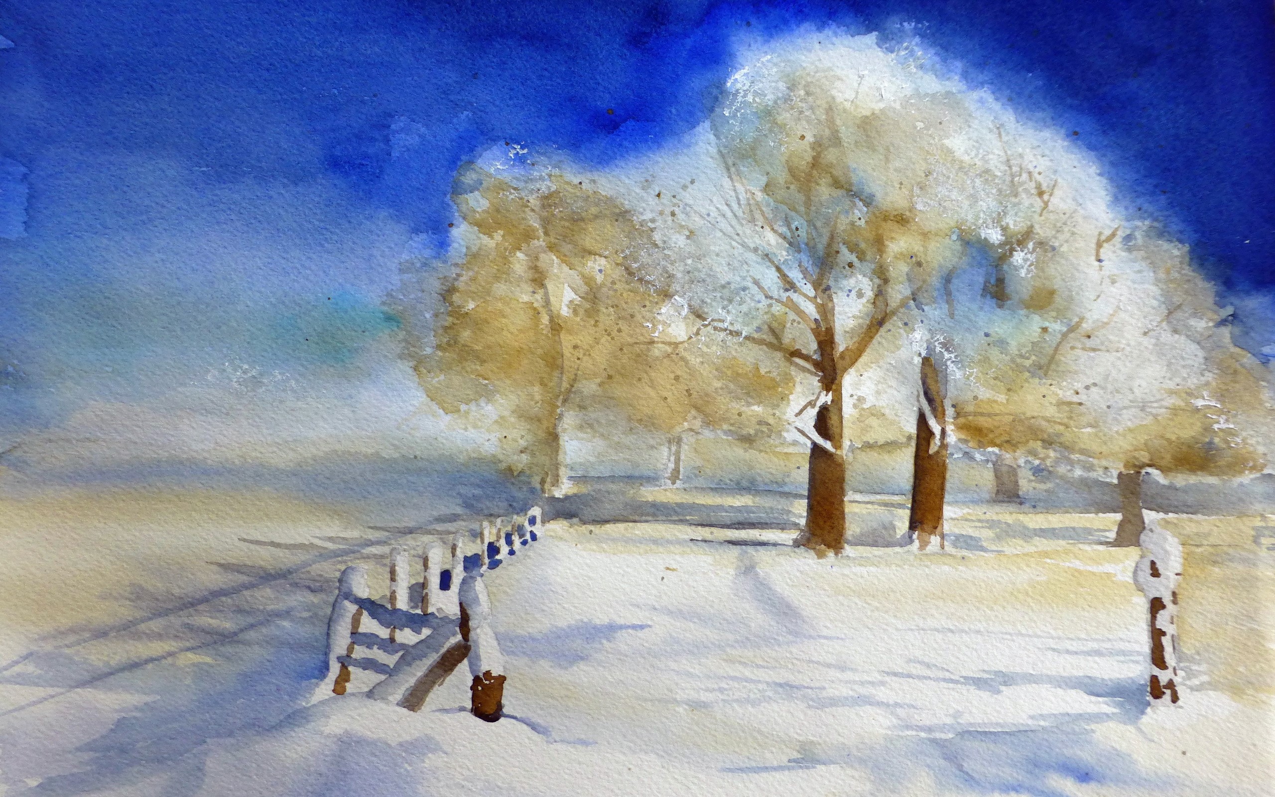 Watercolor painting of a snowy landscape with trees and a fence HD Wallpaper