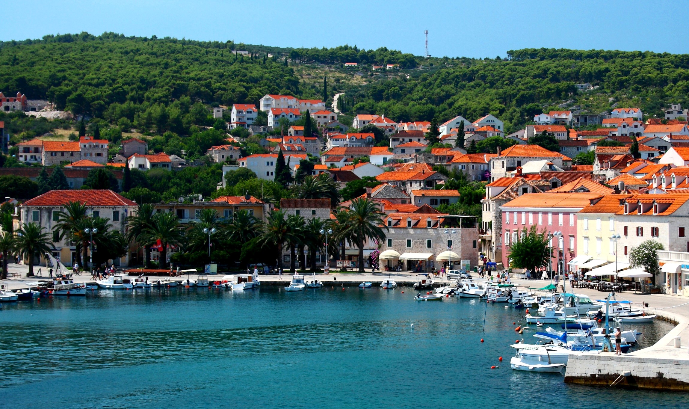 Hvar, Croatia harbor with boats and houses HD Wallpaper