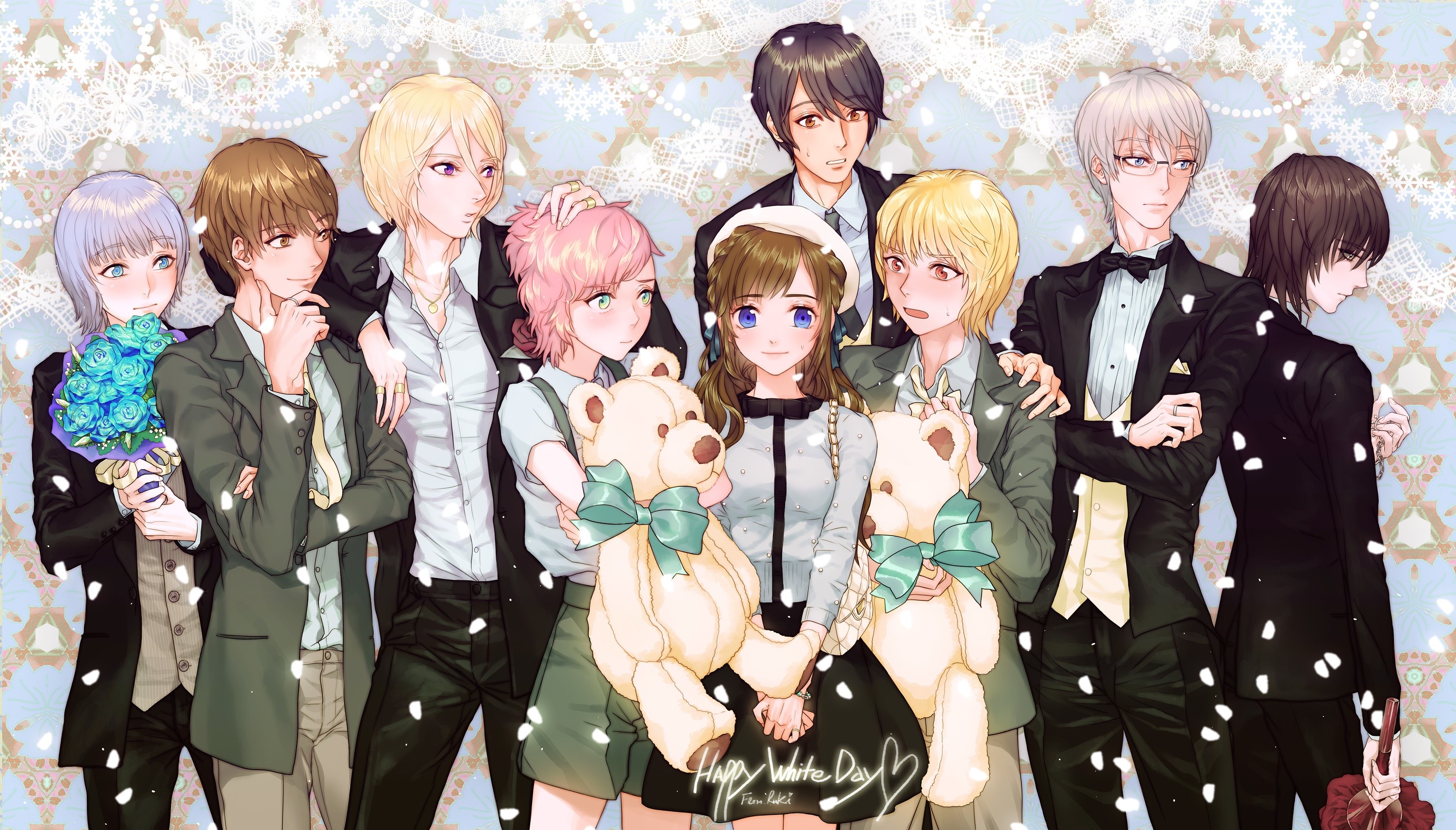 Group of young men and women with teddy bears and flowers HD Wallpaper