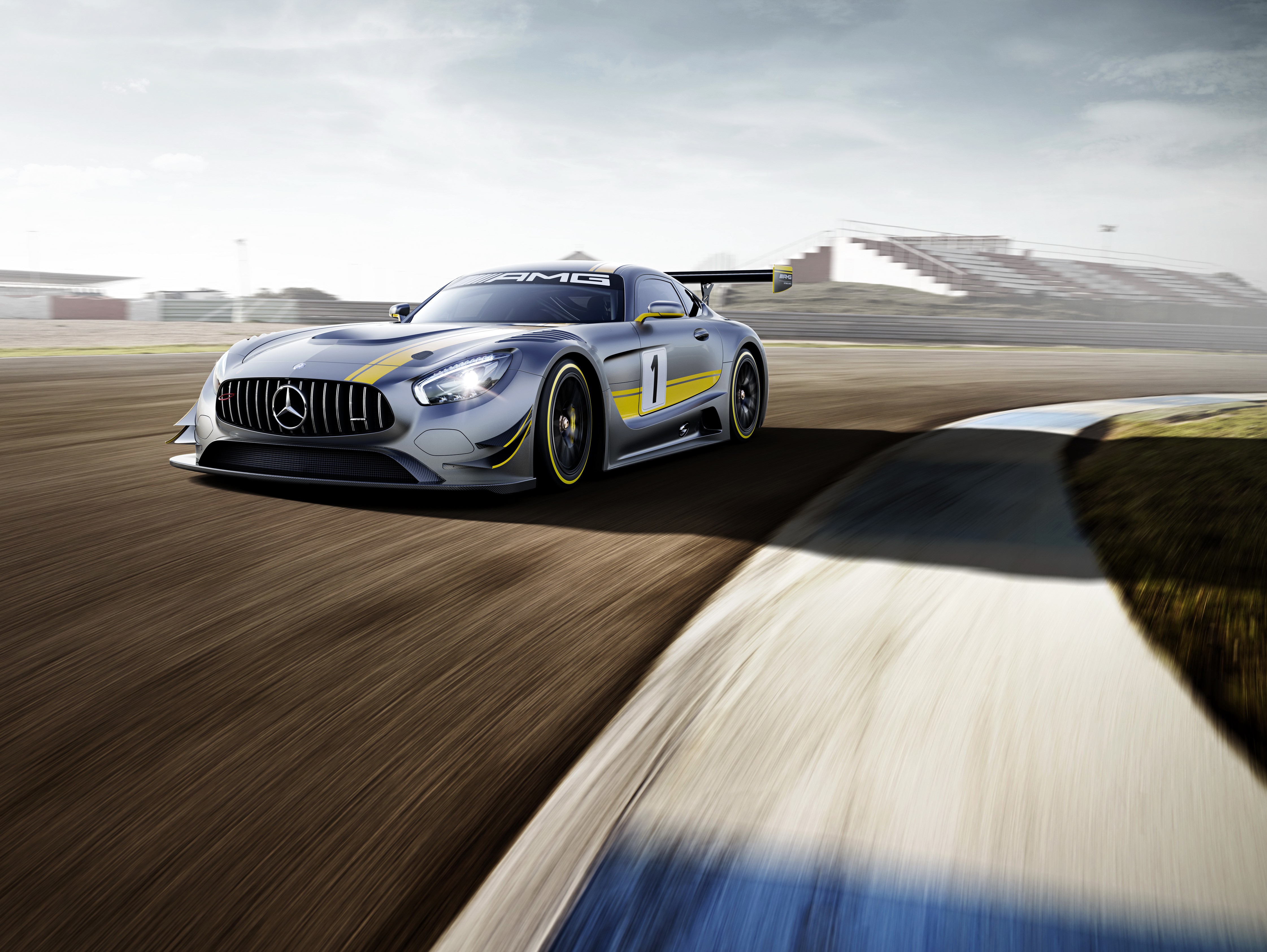 Silver Mercedes-Benz AMG GT3 race car on track HD Wallpaper