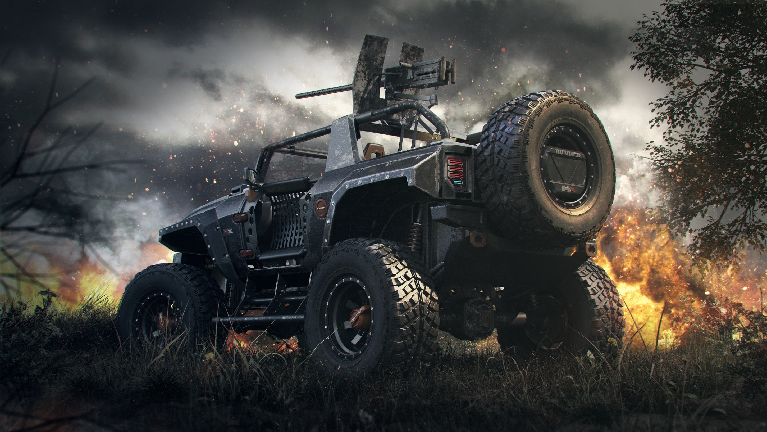 Armored Hummer with mounted gun in fiery background HD Wallpaper