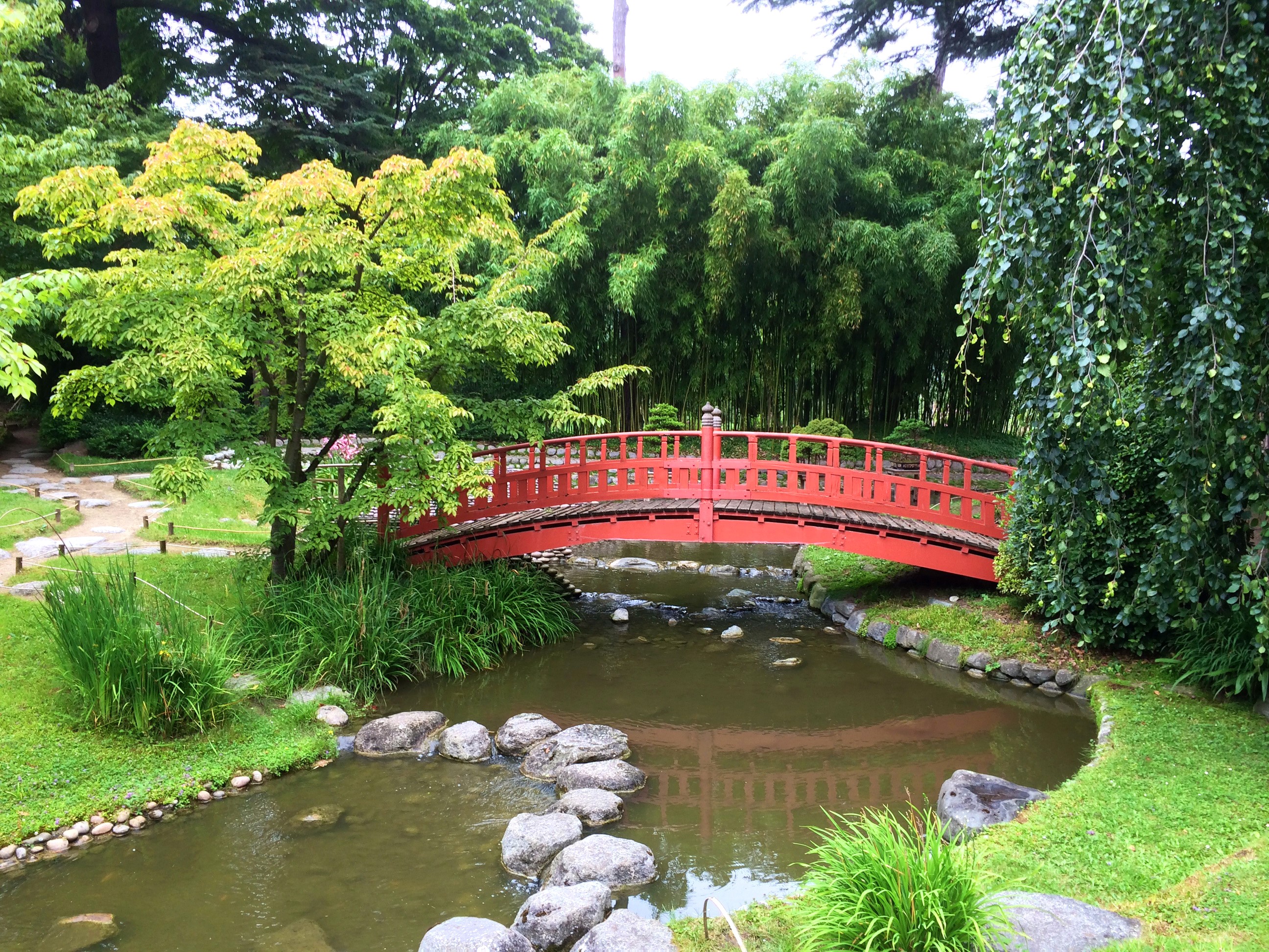 Albert-Kahn Japanese garden bridge over pond in France HD Wallpaper