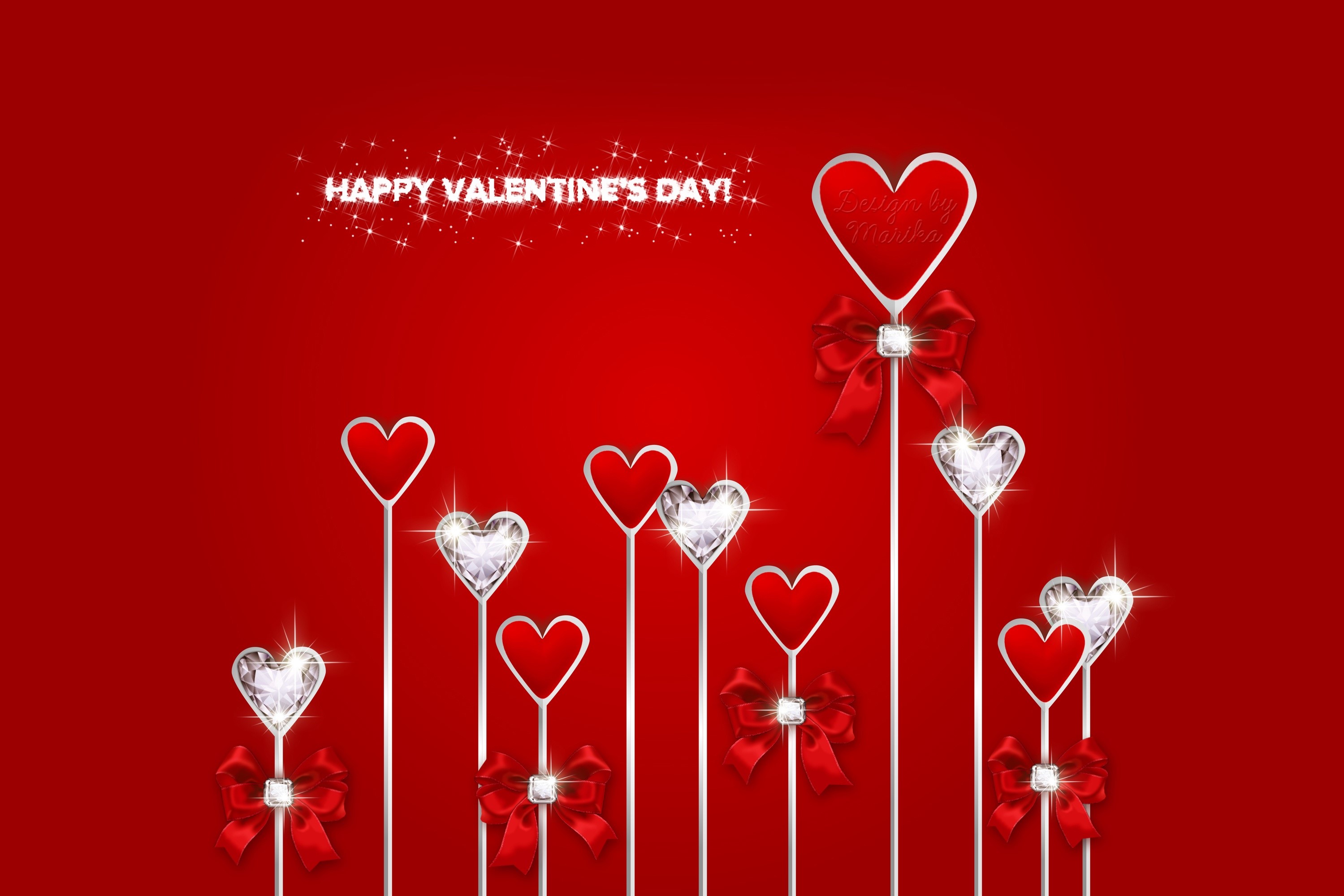 Happy Valentine's Day hearts with bows and diamonds HD Wallpaper
