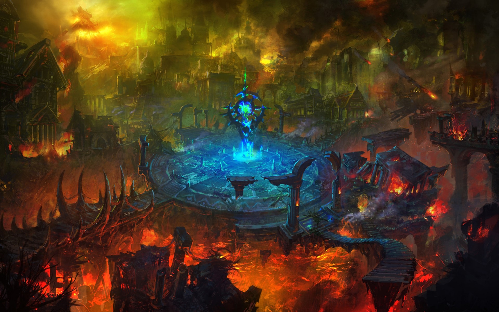 Fantasy city ruins with a glowing portal HD Wallpaper