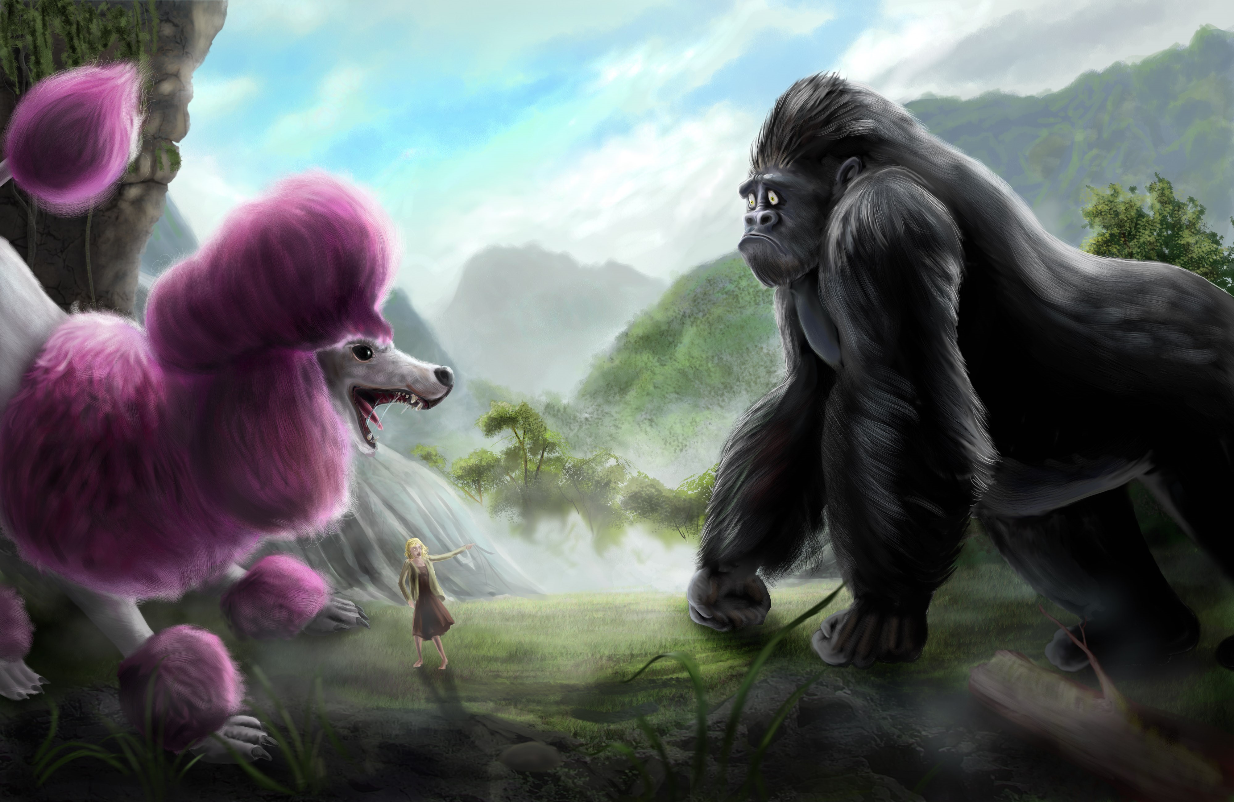 A Poodle and a Gorilla face off with a girl between them HD Wallpaper