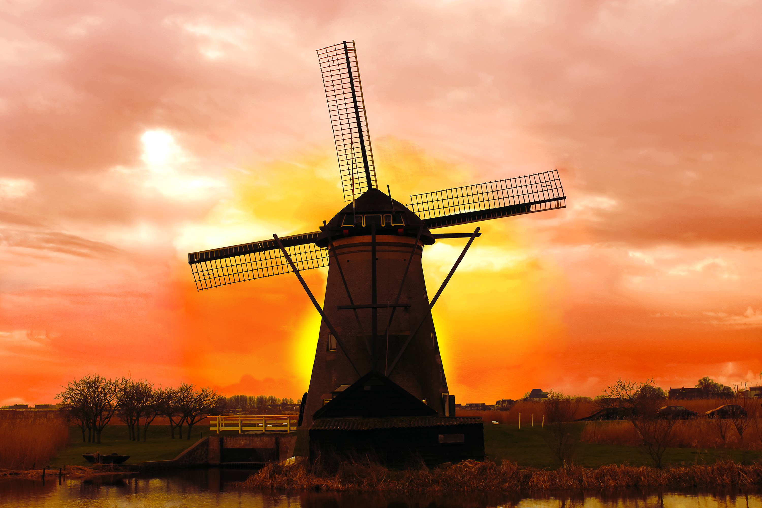 Windmill at sunset in the Netherlands HD Wallpaper