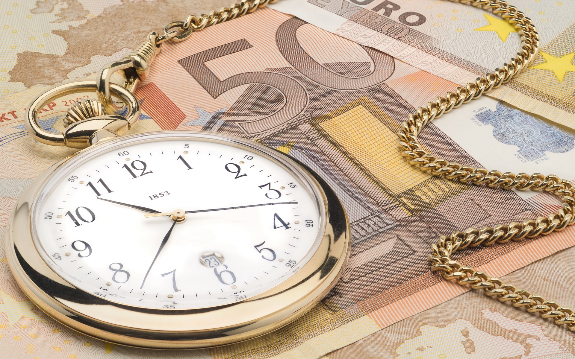 Pocket watch and Euro banknotes HD Wallpaper