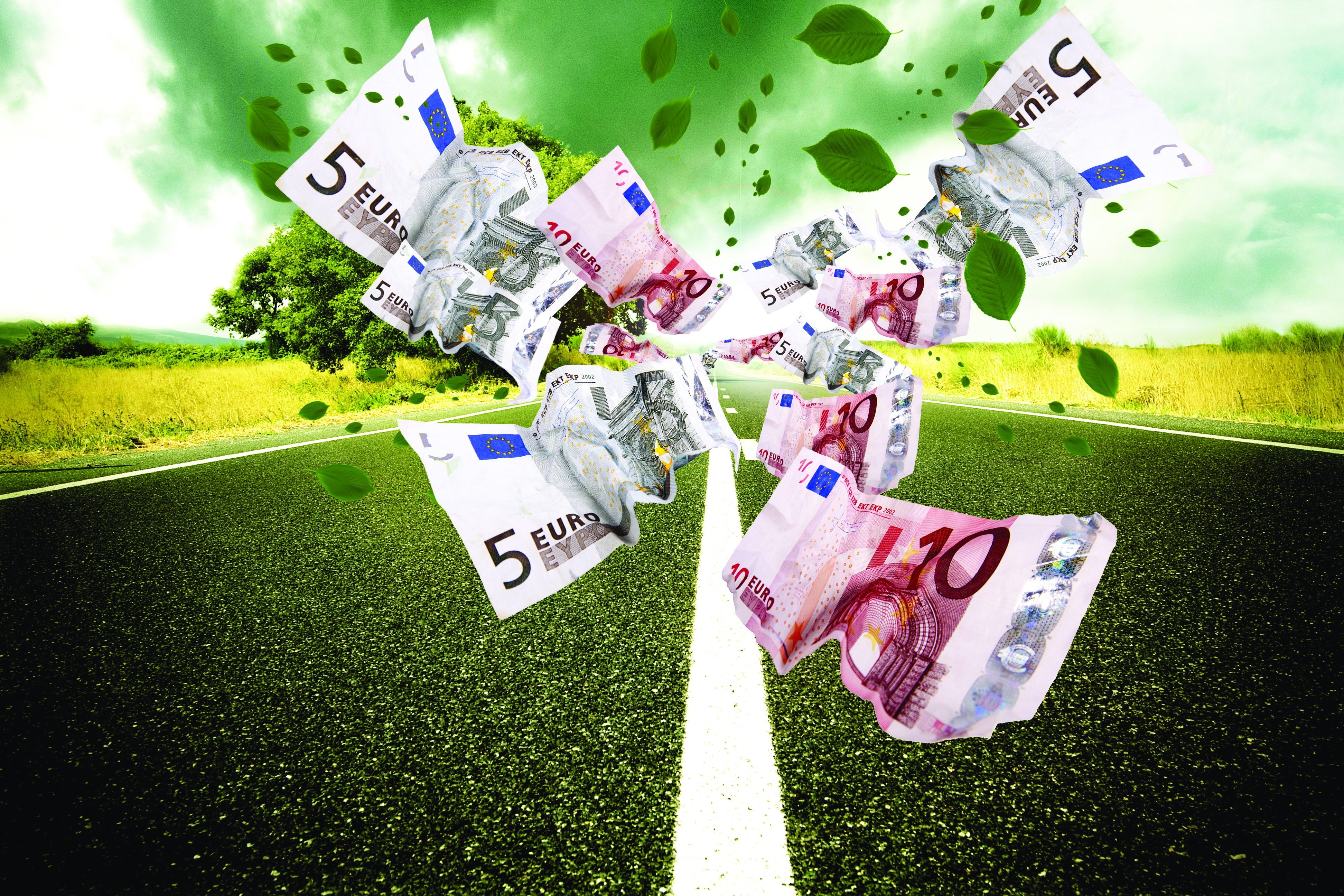 Euro banknotes flying on a road with green leaves HD Wallpaper