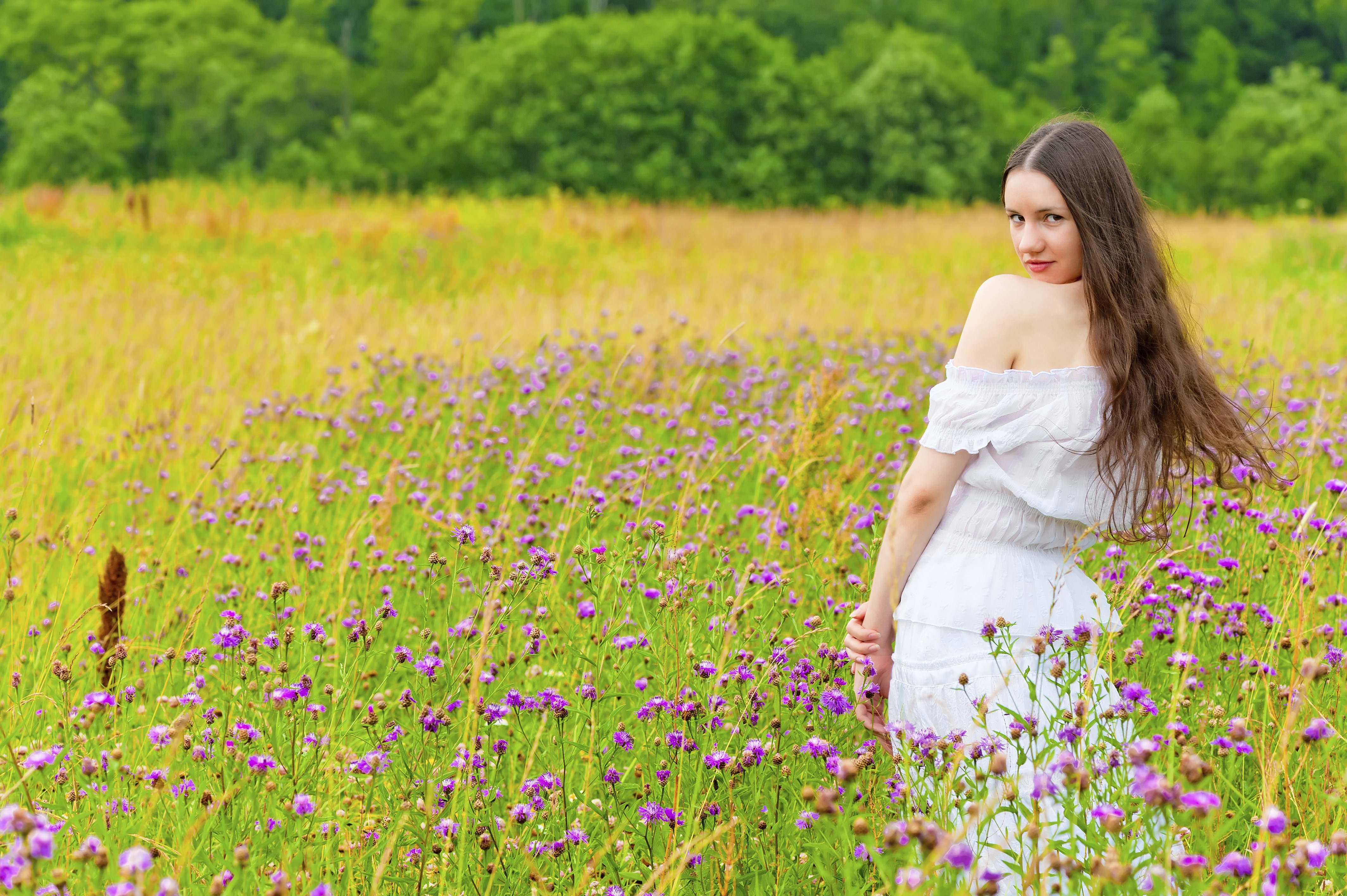 Woman in white dress in a field of flowers HD Wallpaper