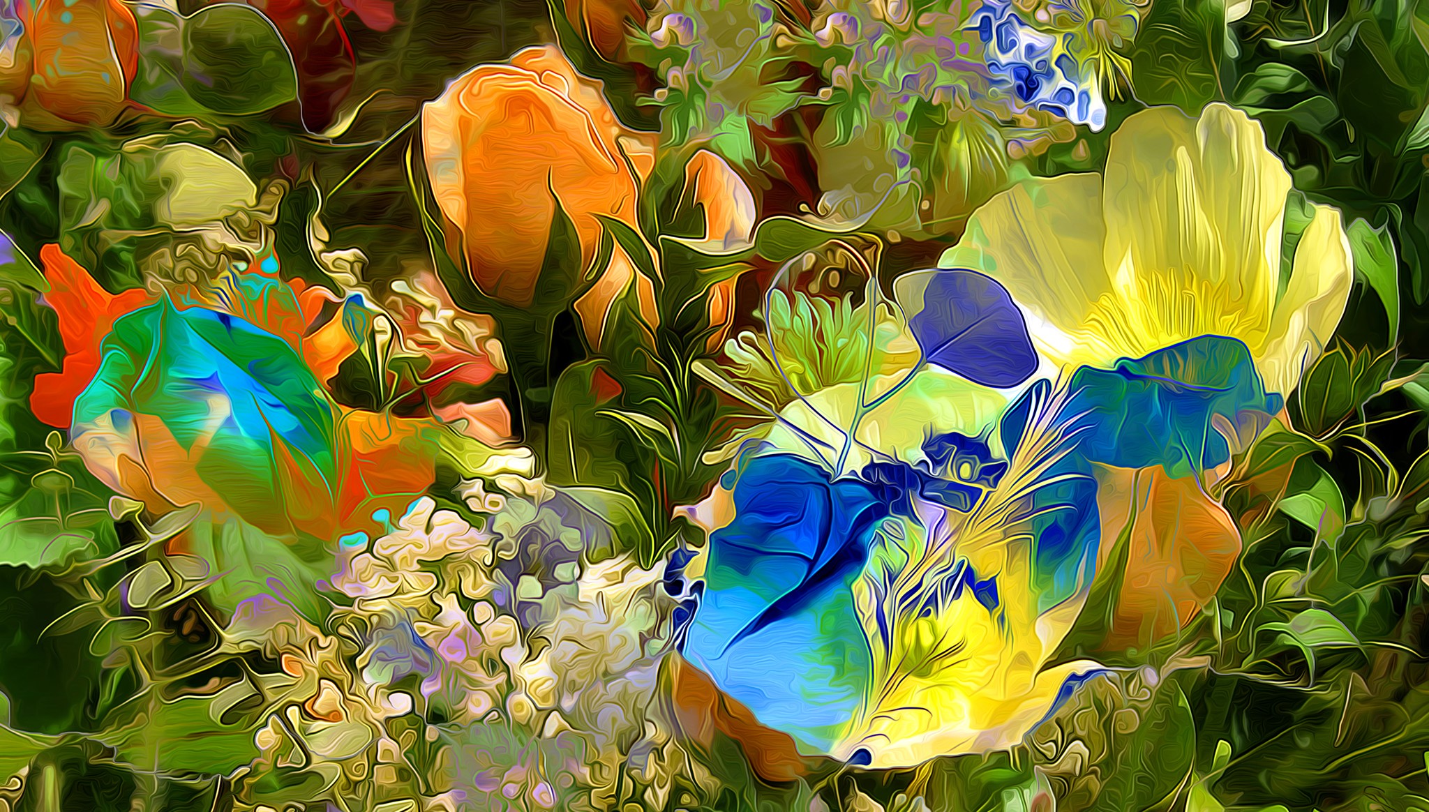 Abstract painting of colorful flowers and foliage HD Wallpaper