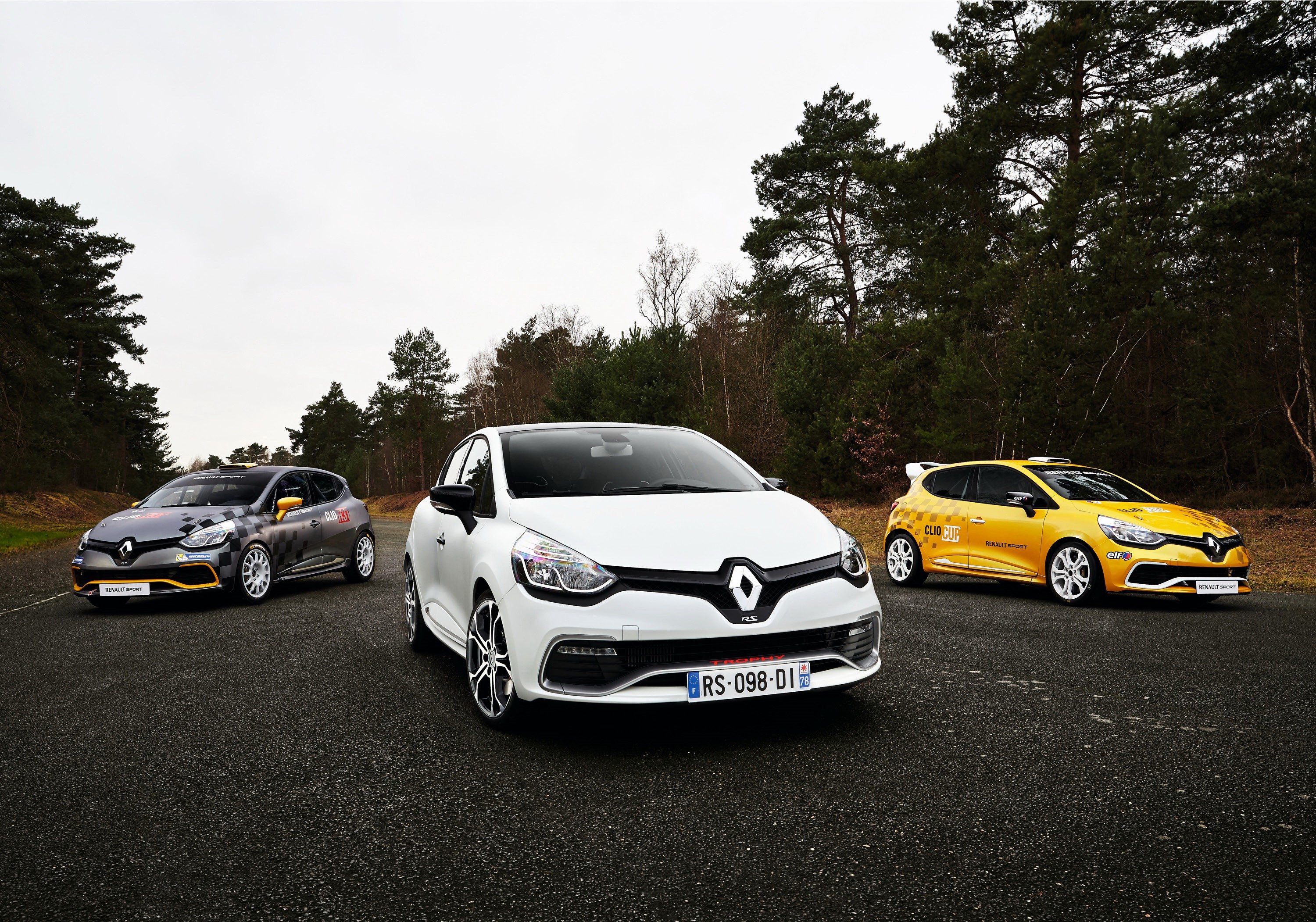 Three Renault Clio RS220 Trophy cars on a road HD Wallpaper