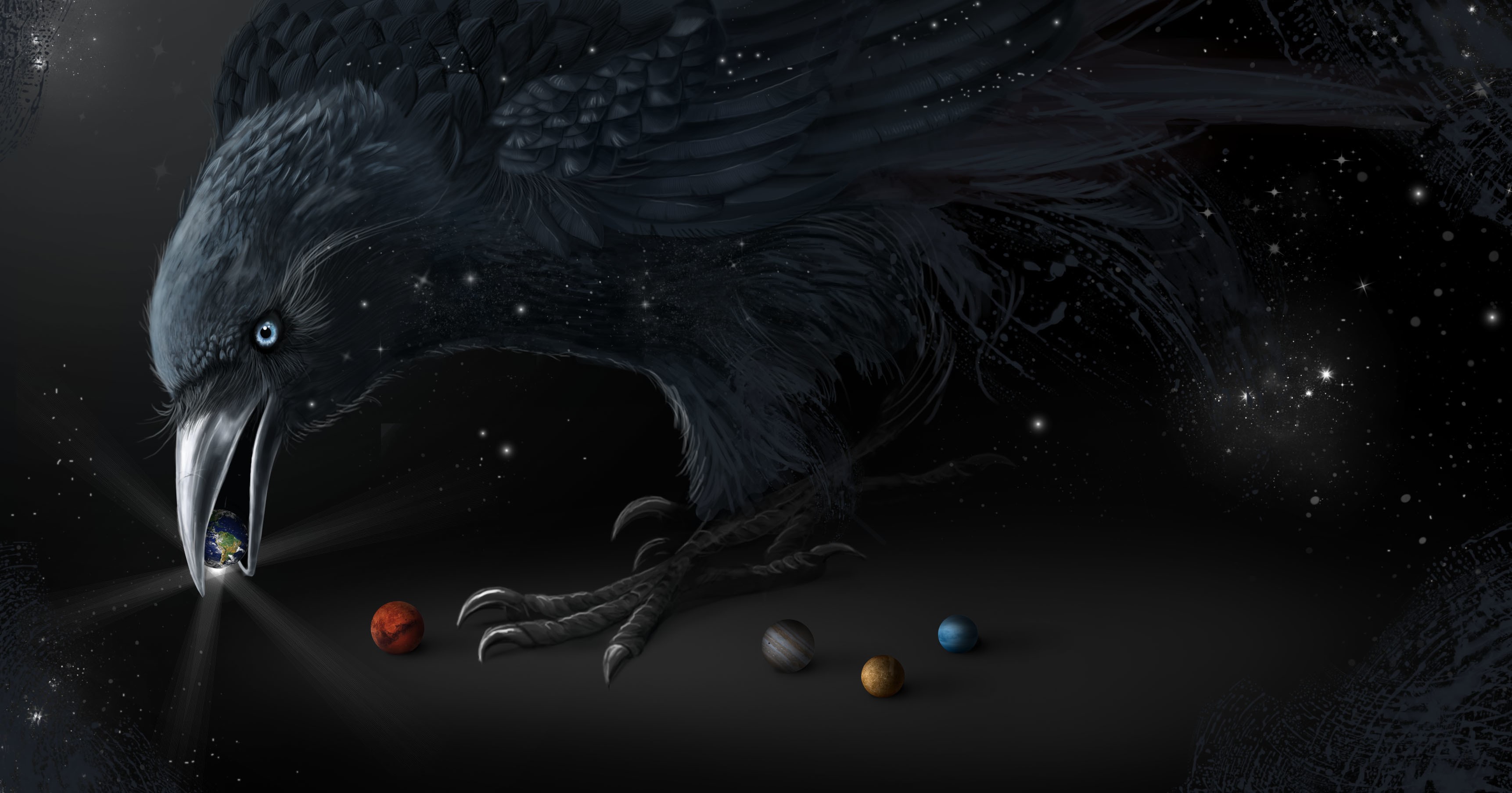Giant Crow holding Earth in its beak with planets HD Wallpaper