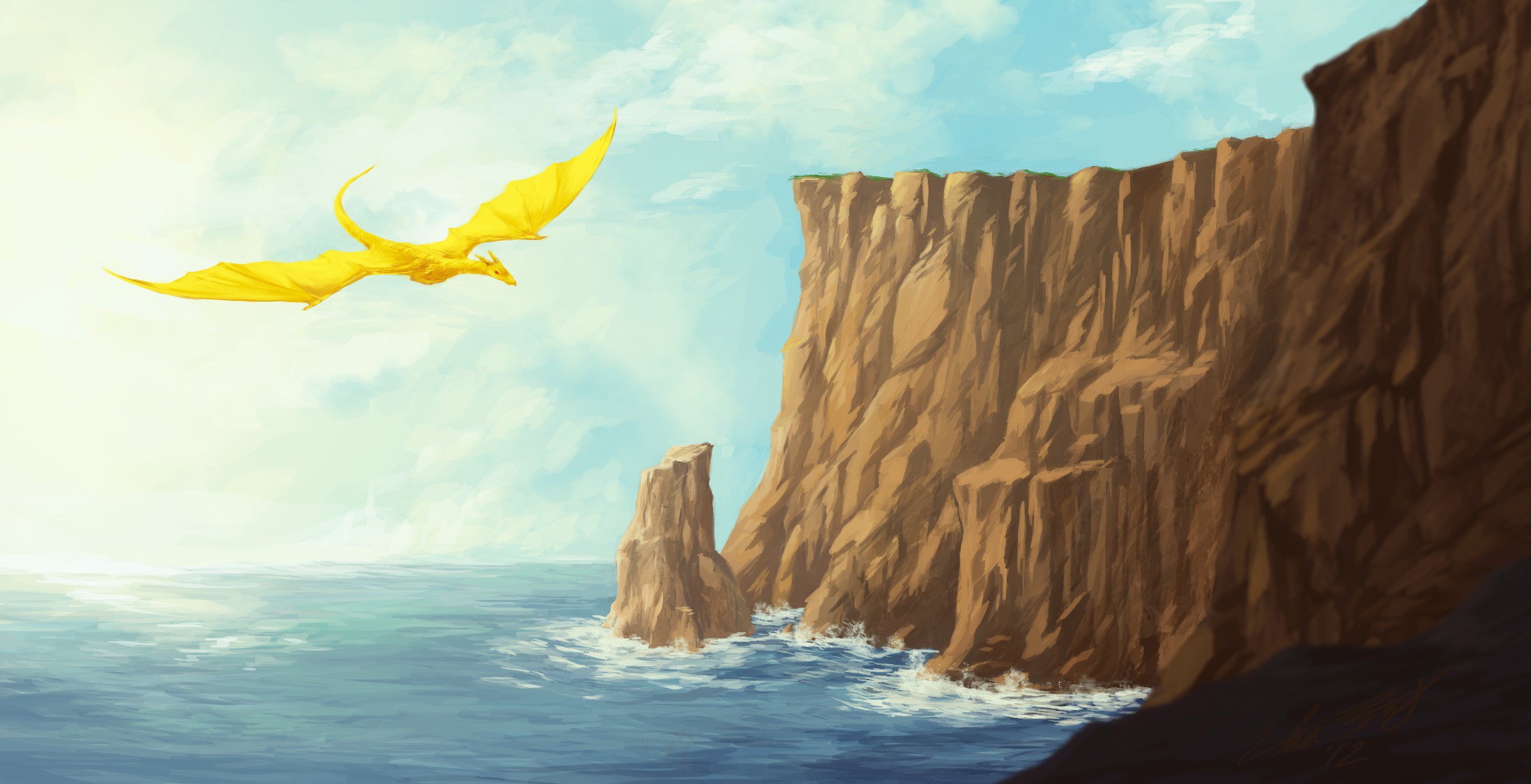 Yellow dragon flying over the sea near cliffs HD Wallpaper