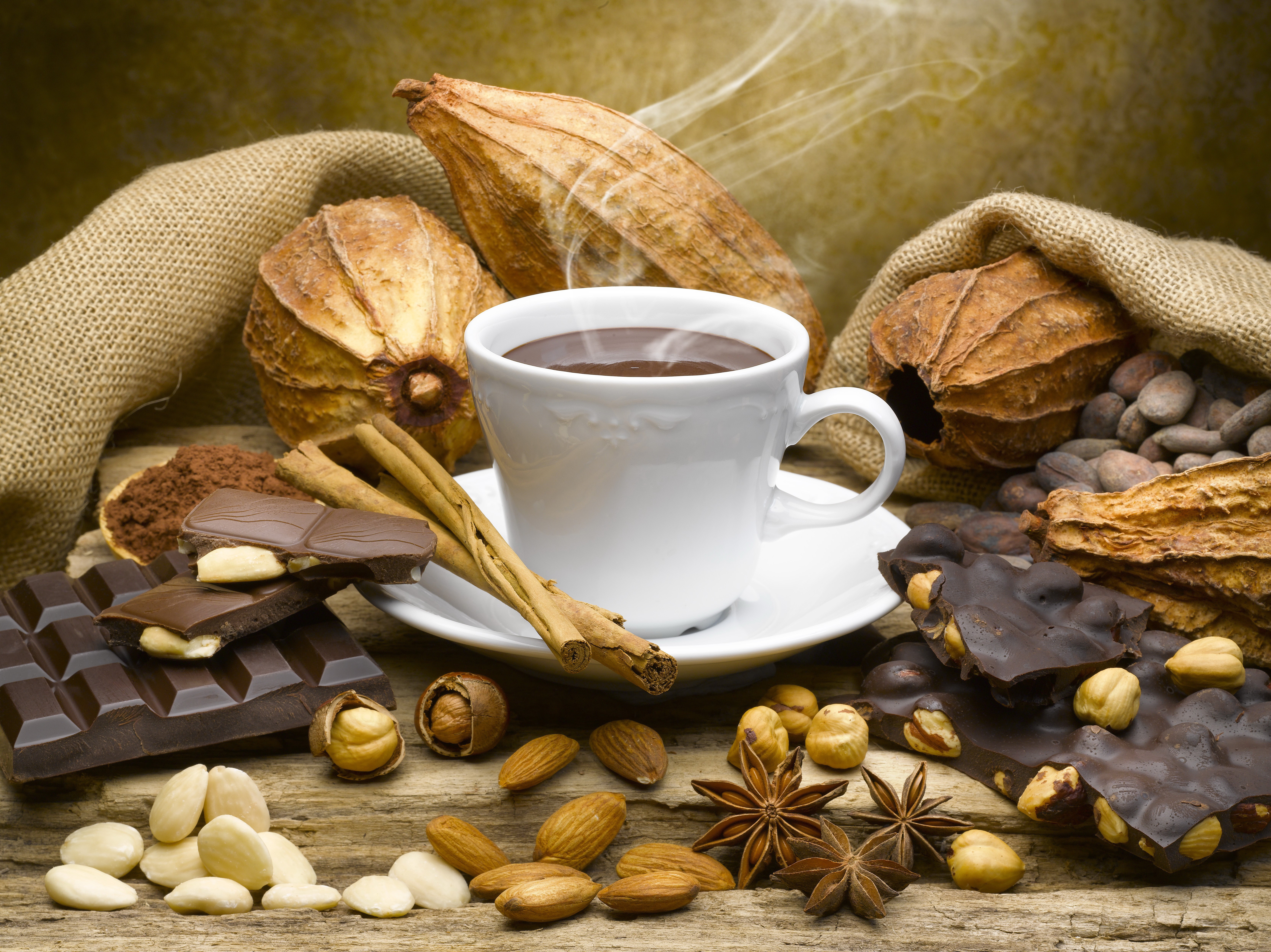 Hot Chocolate with Chocolate, Nuts, and Spices HD Wallpaper