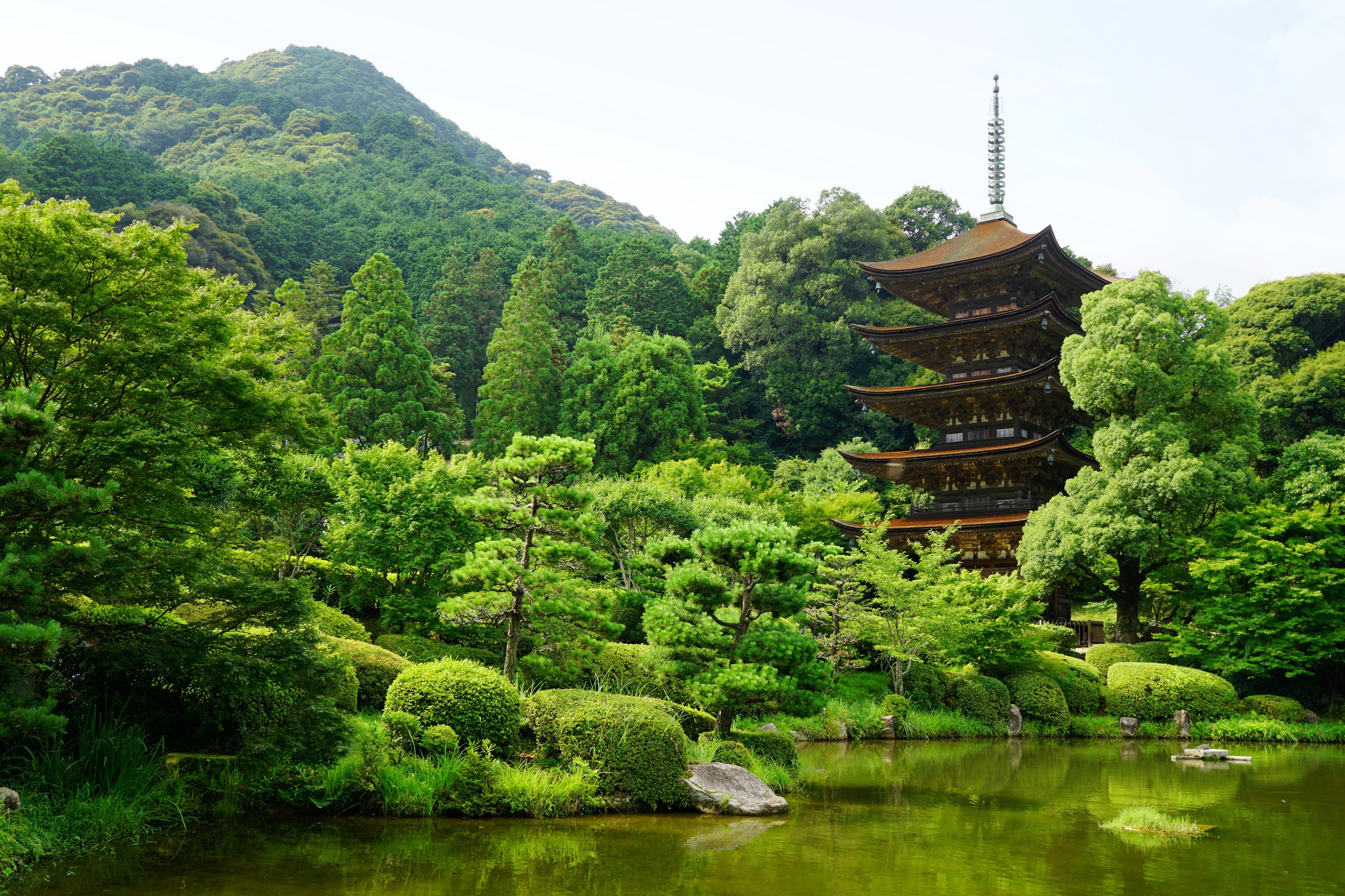 Pagoda in a Japanese Garden with Pond and Mountains HD Wallpaper