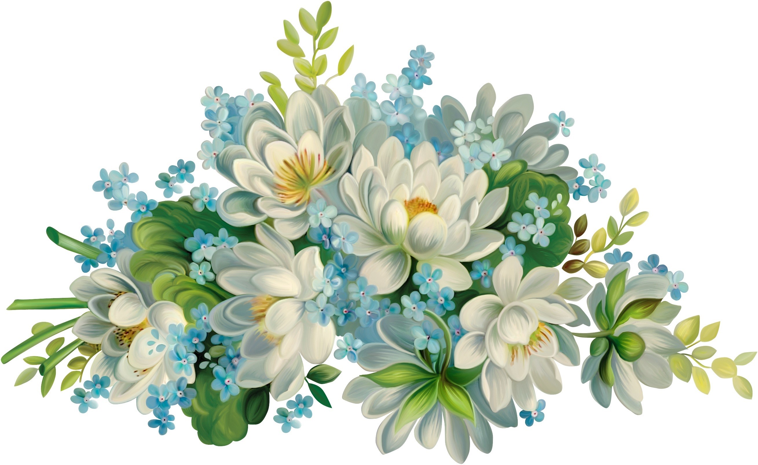 Painting of white lotus flowers and blue forget-me-nots HD Wallpaper