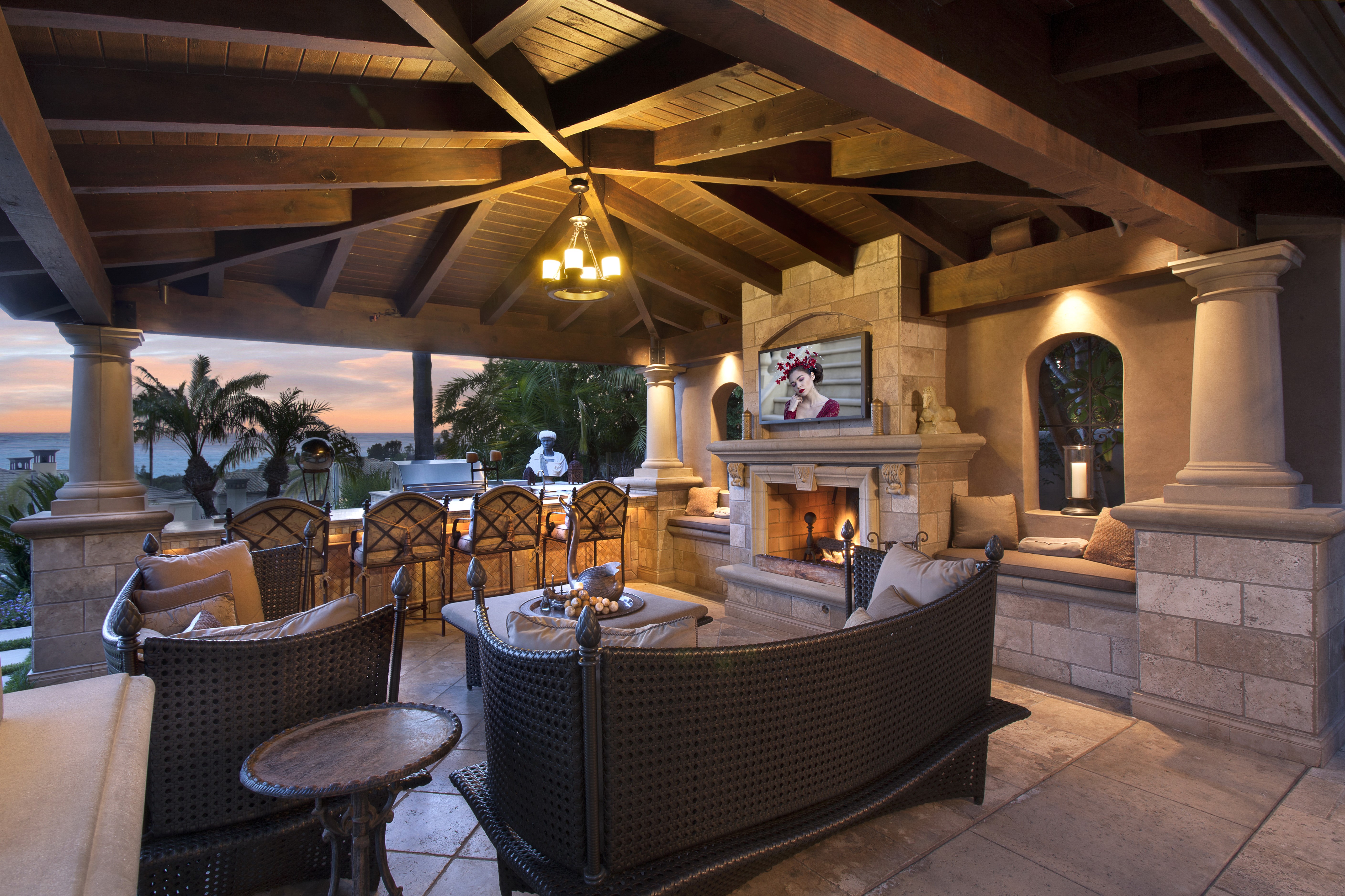 Outdoor Living Room with Fireplace and Bar HD Wallpaper