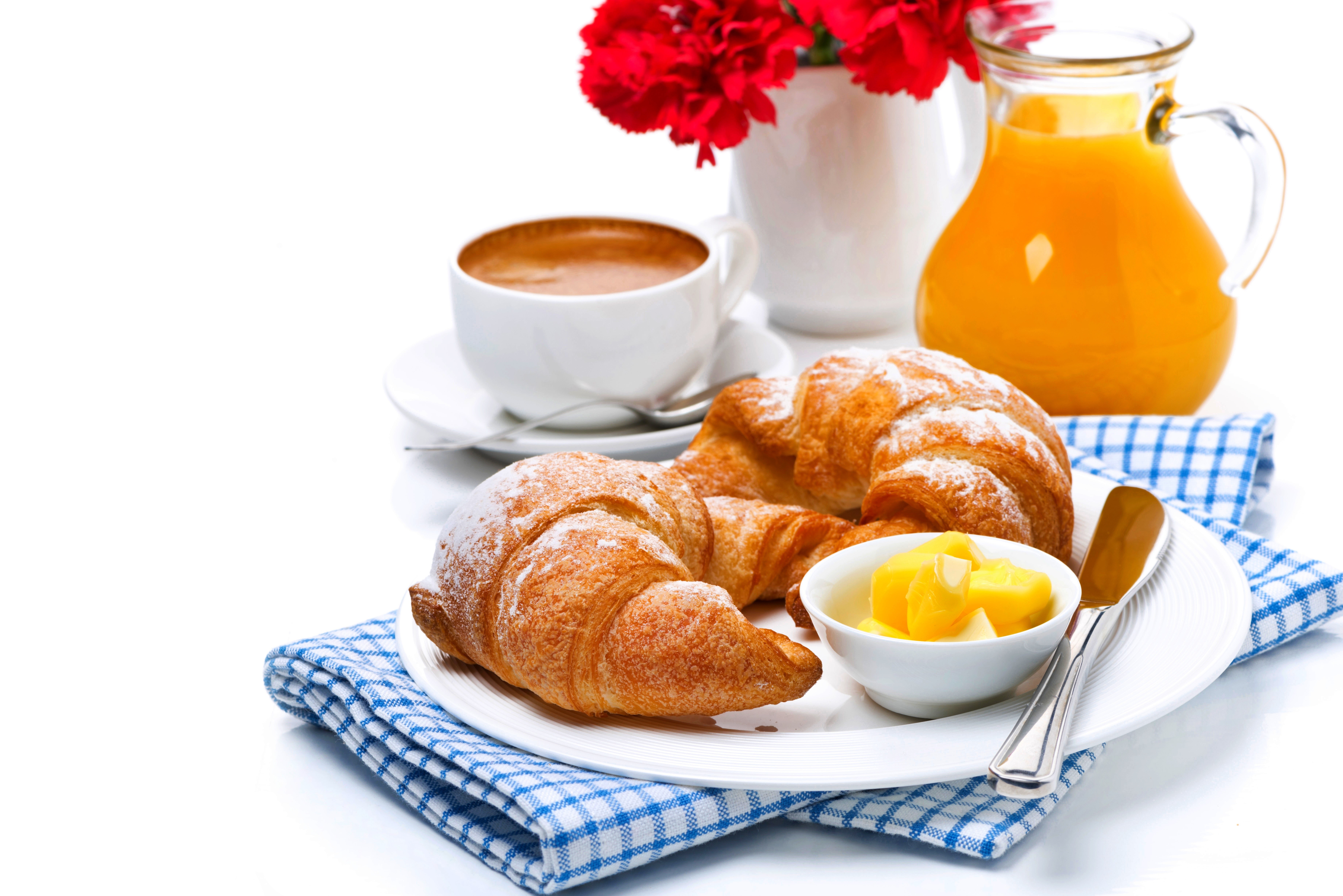 Croissants with coffee, juice, and butter HD Wallpaper