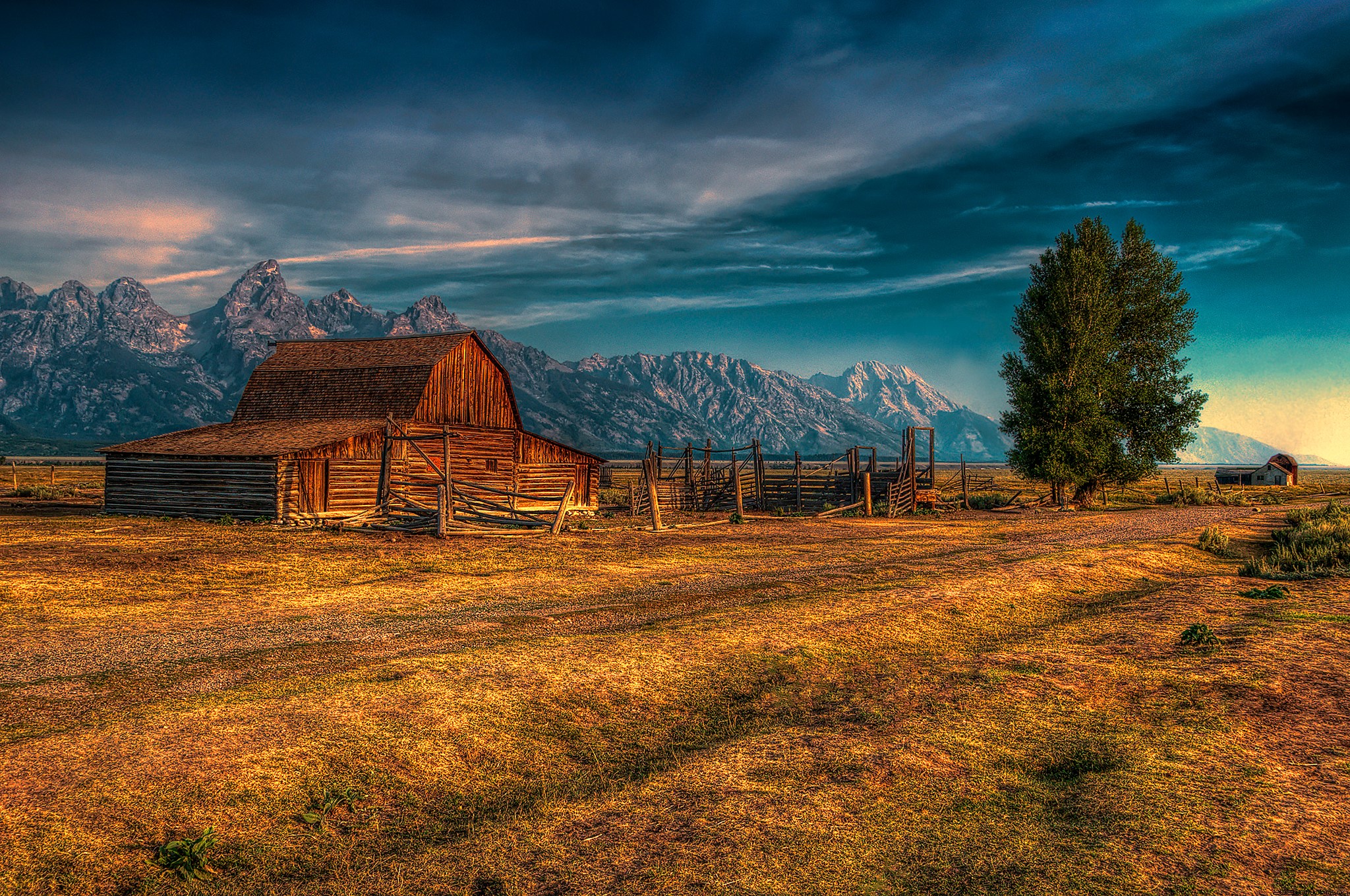 Barn and Mountains in a Field HD Wallpaper