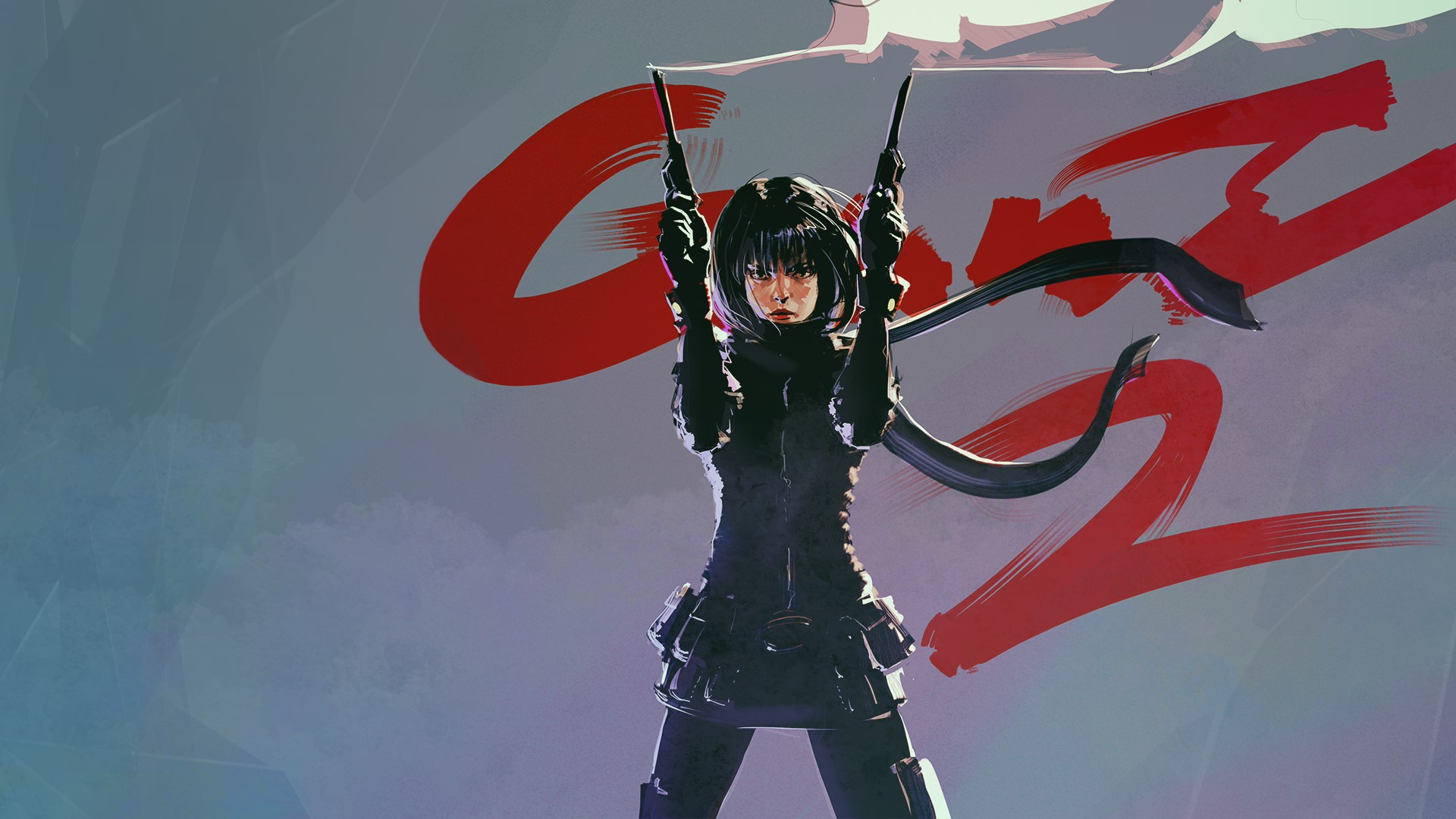 Girl with two pistols in front of red "2" HD Wallpaper