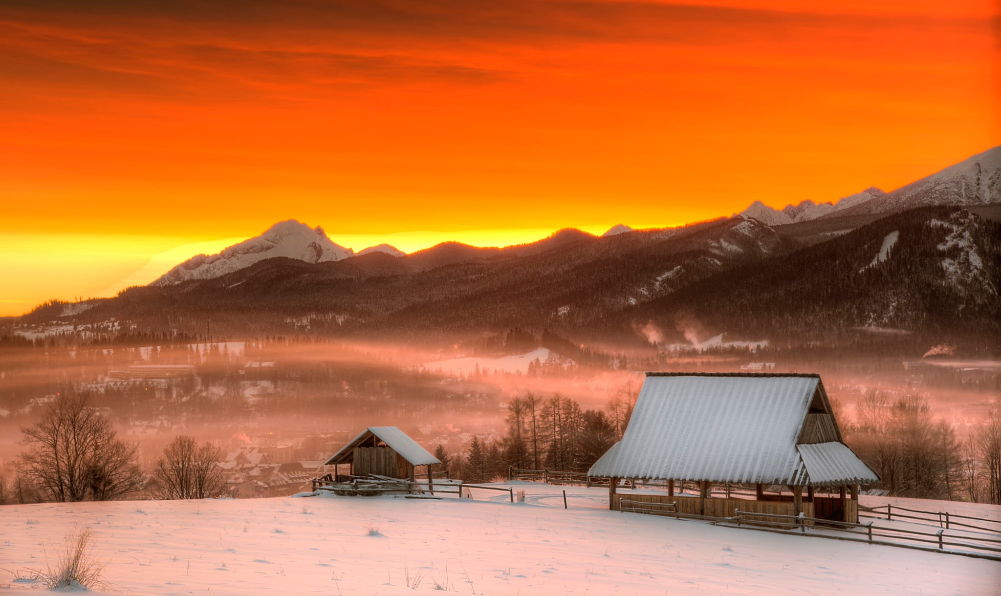 Winter mountain landscape with cabins at sunrise HD Wallpaper