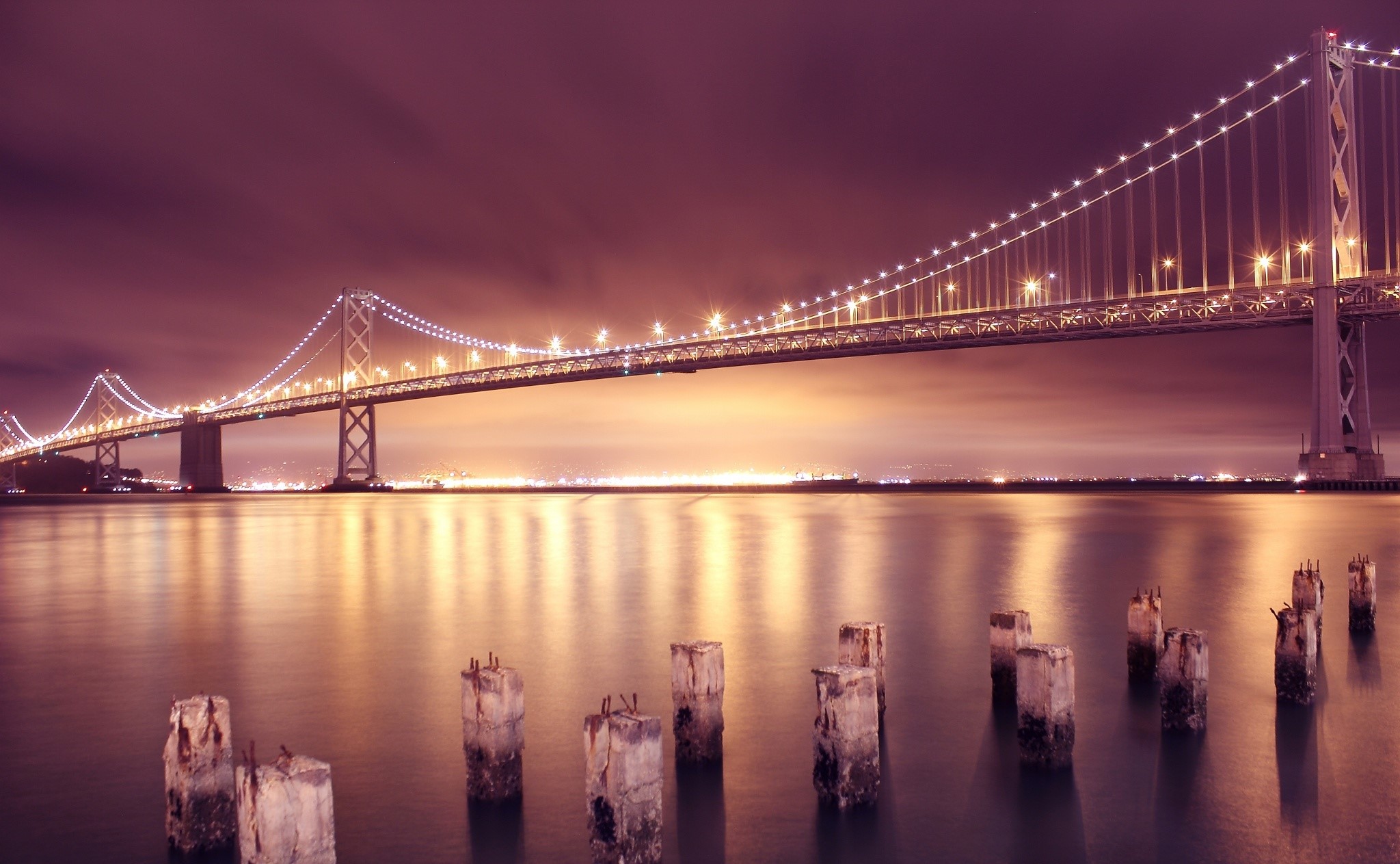 Bay Bridge at Night with Water Reflections HD Wallpaper