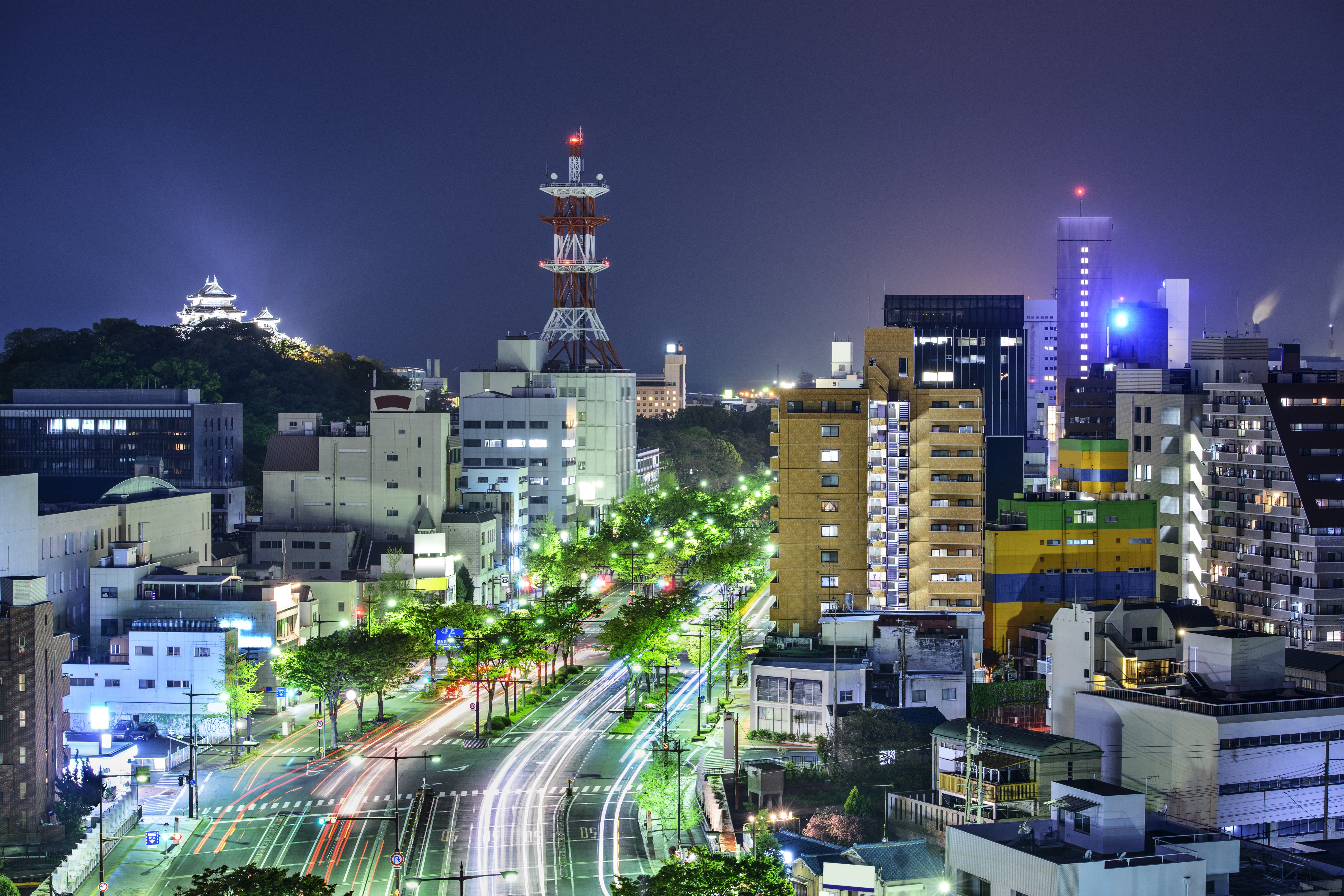 Night cityscape with castle and tower in Japan HD Wallpaper