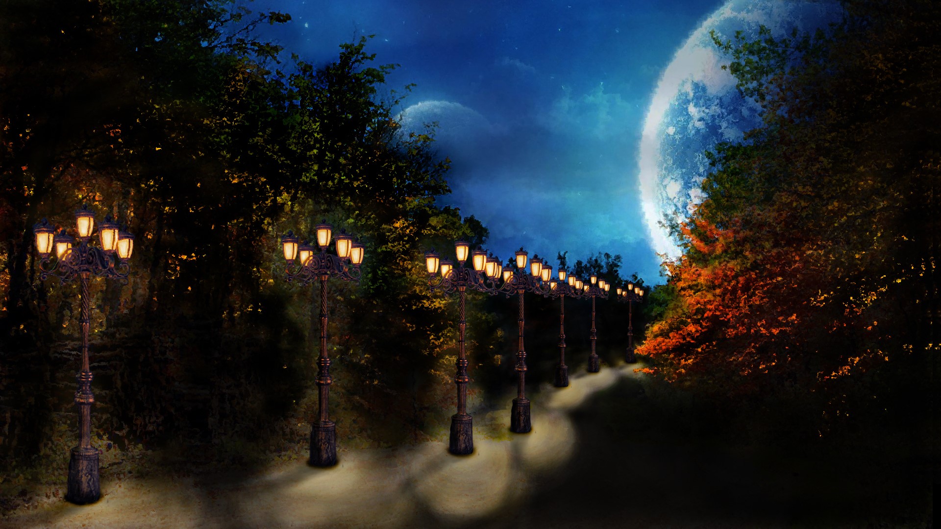 Night avenue with street lights and a large moon HD Wallpaper