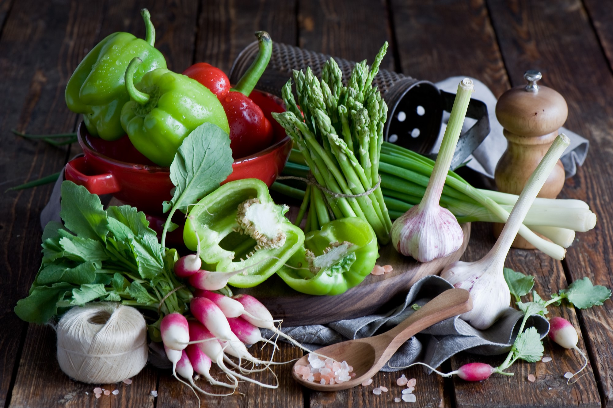 Assortment of fresh vegetables on a wooden table HD Wallpaper