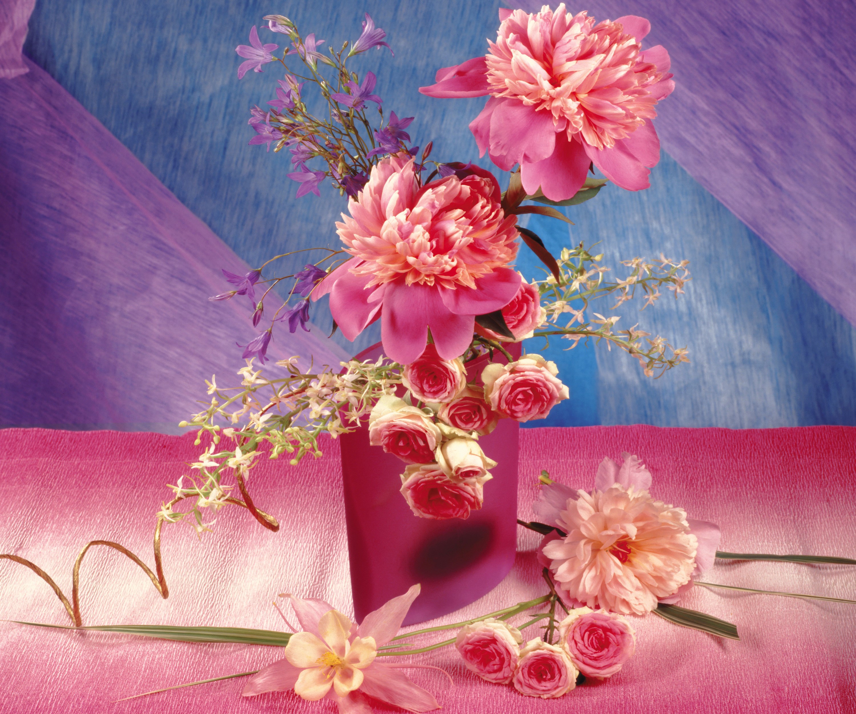 Pink peonies and roses in a vase HD Wallpaper