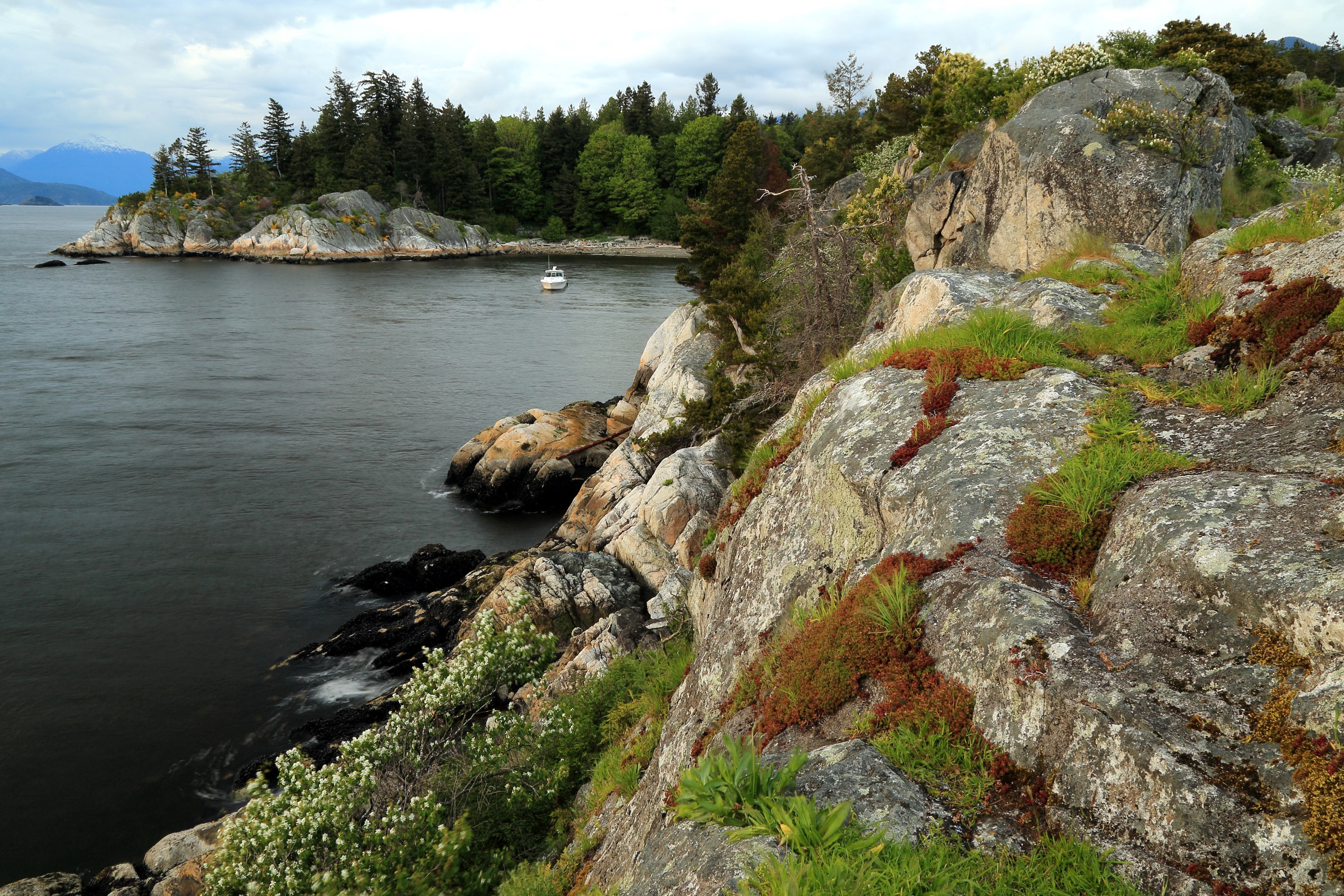 Rocky Coastline with Boat and Mountains, Vancouver, Canada HD Wallpaper