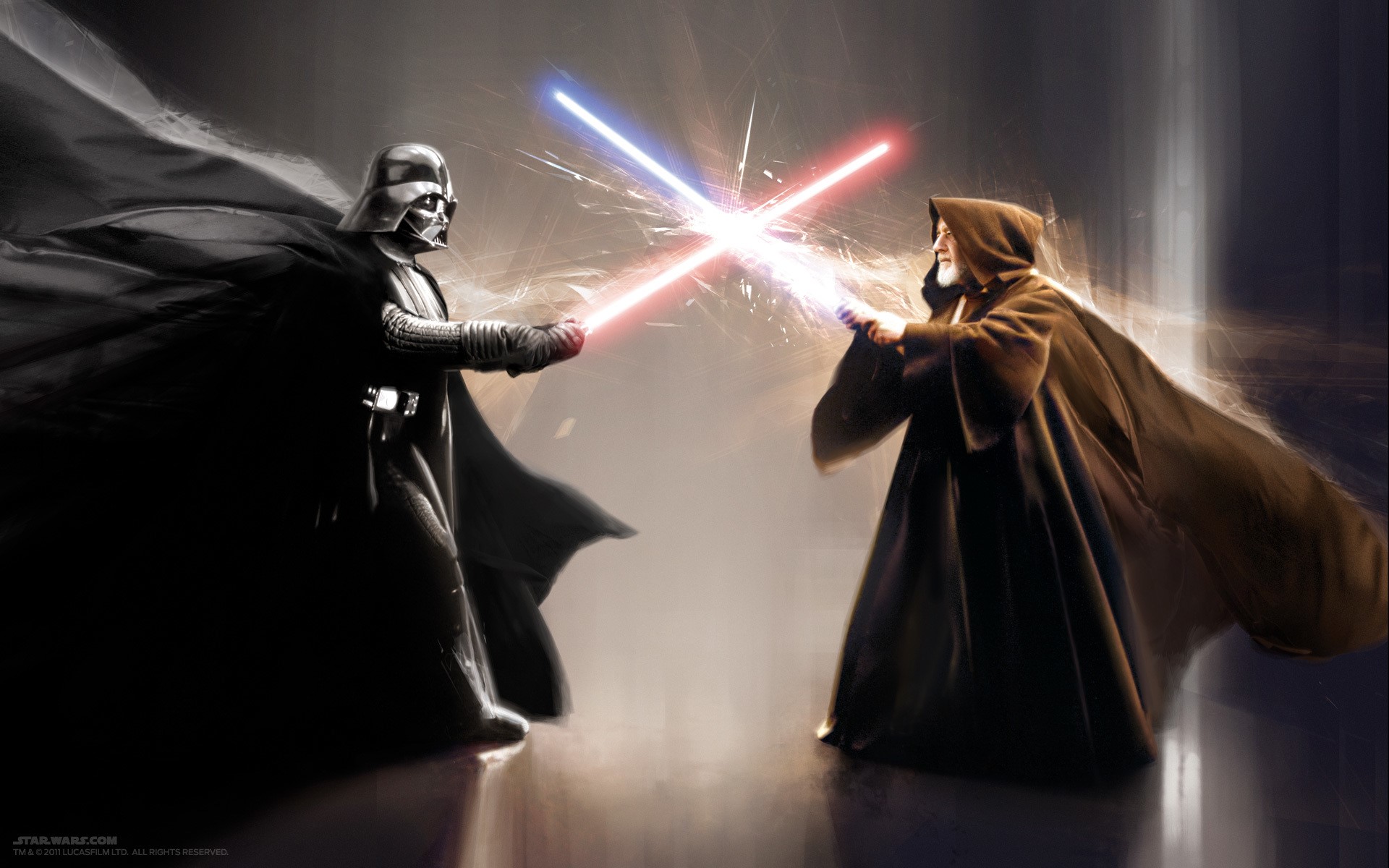 Darth Vader and Obi-Wan Kenobi from Star Wars fighting with lightsabers HD Wallpaper