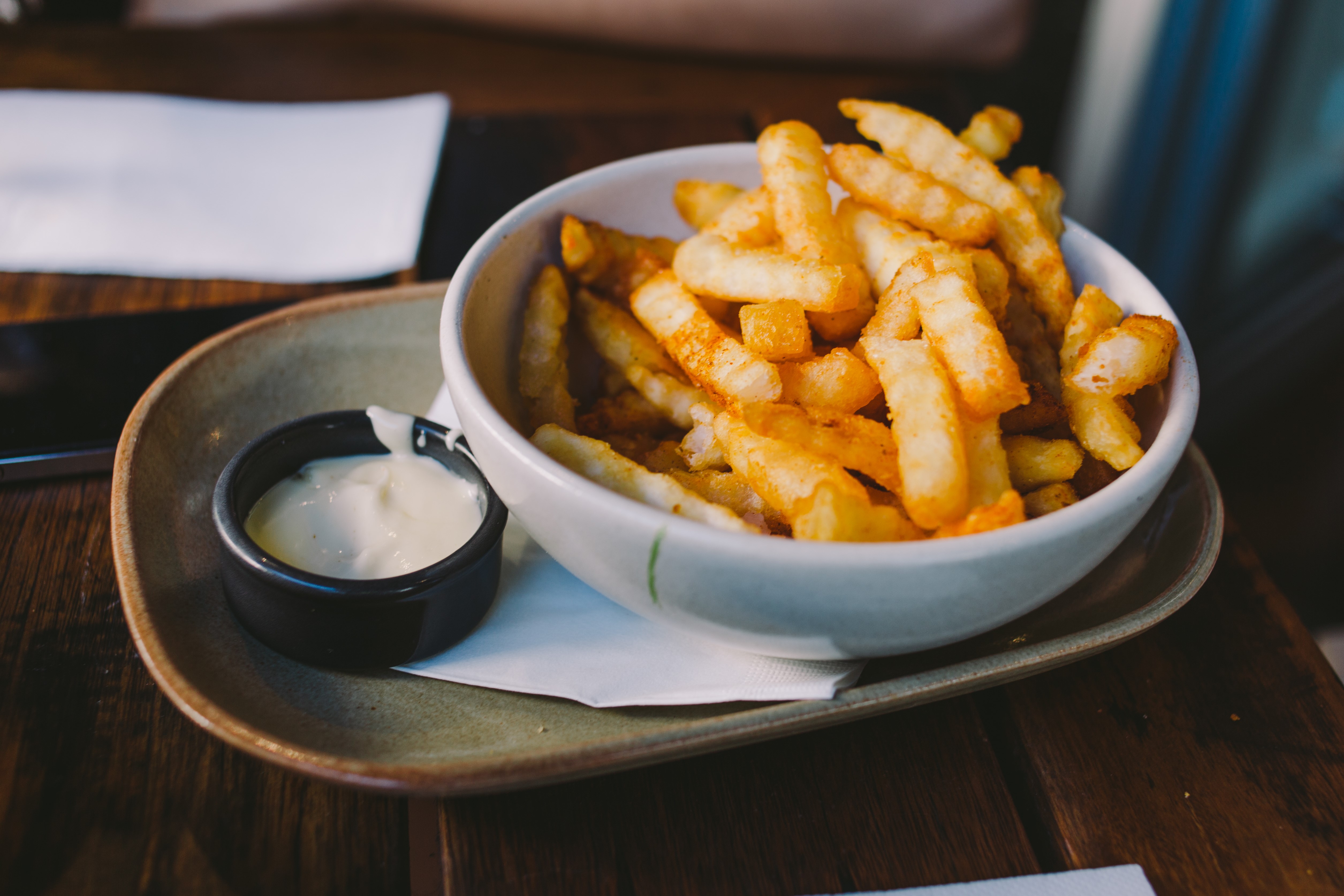 French fries with dipping sauce HD Wallpaper