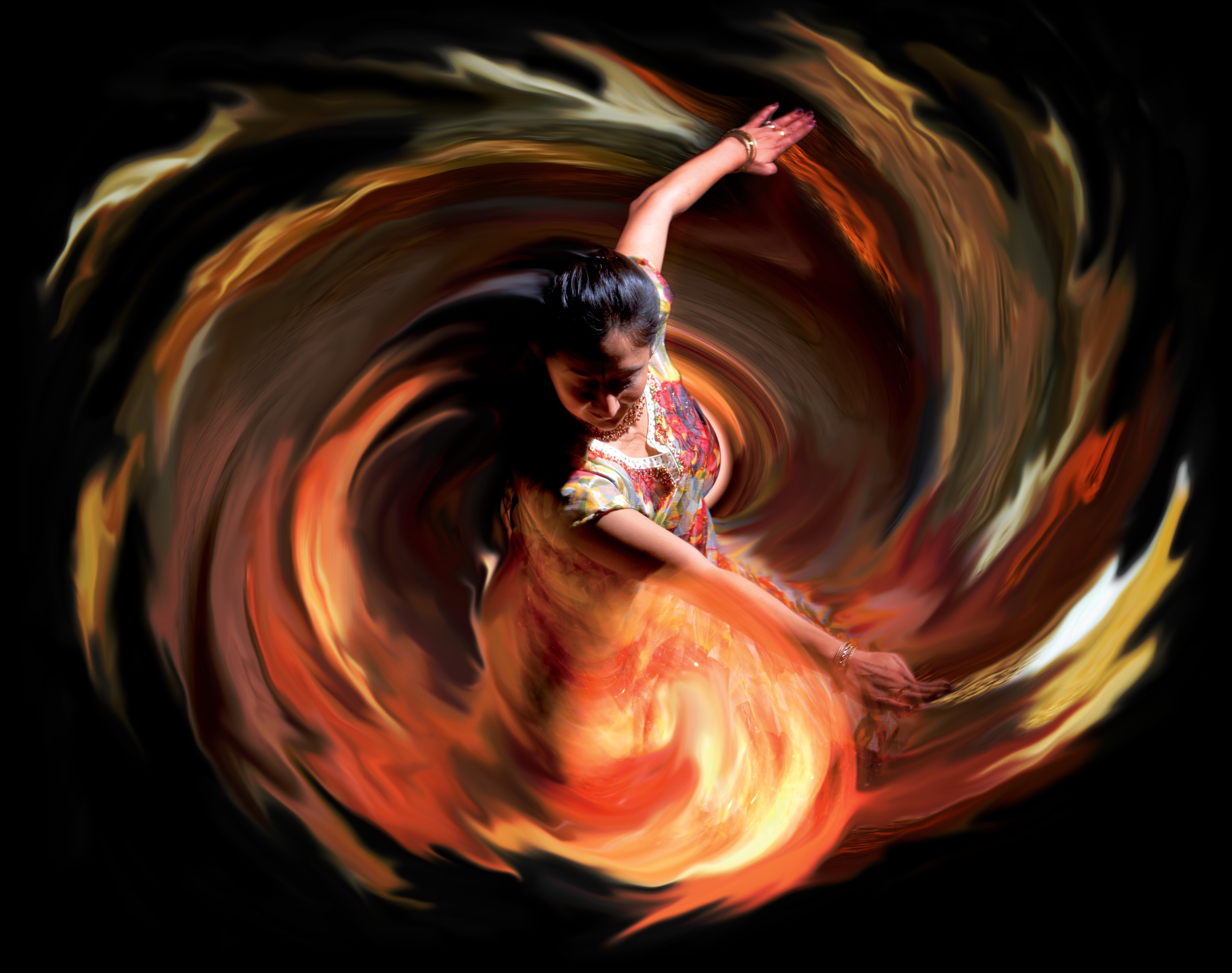 Woman dancing in a fiery vortex HD Wallpaper