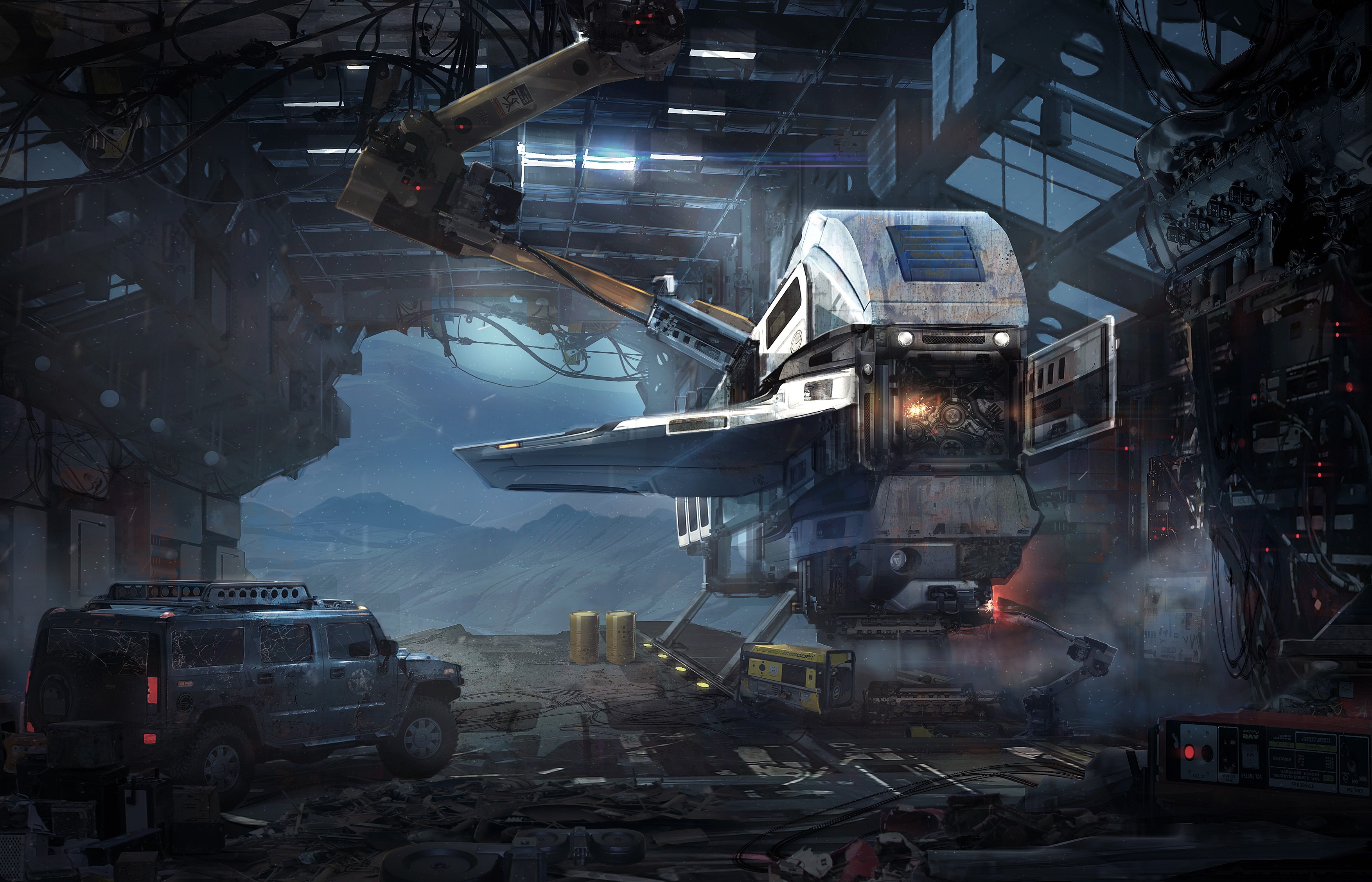 Sci-Fi spaceship repair bay with Hummer HD Wallpaper