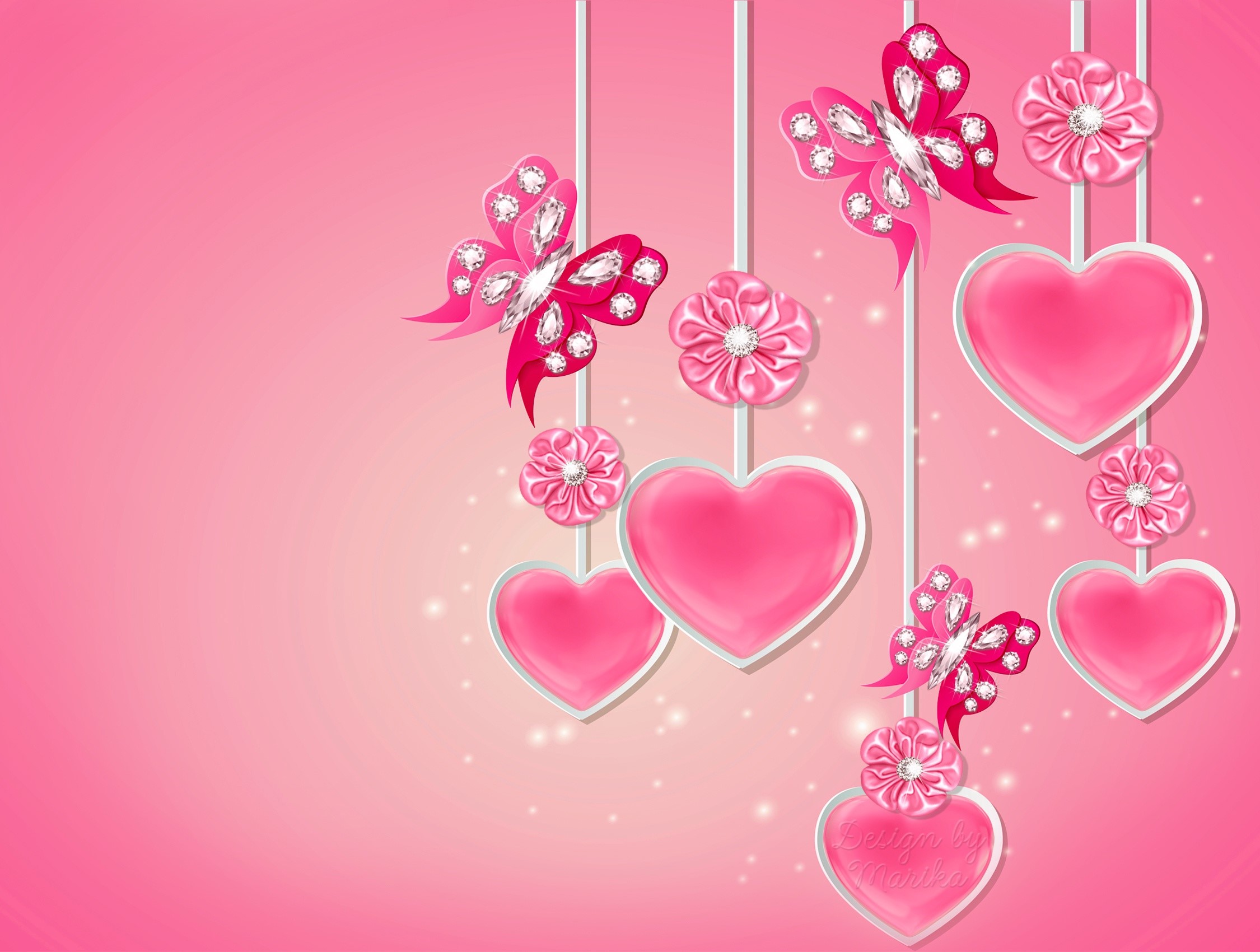 Pink hearts, butterflies, and flowers hanging on strings HD Wallpaper