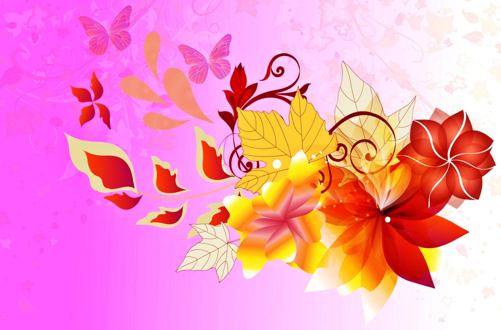 Pink background with butterflies and floral elements HD Wallpaper