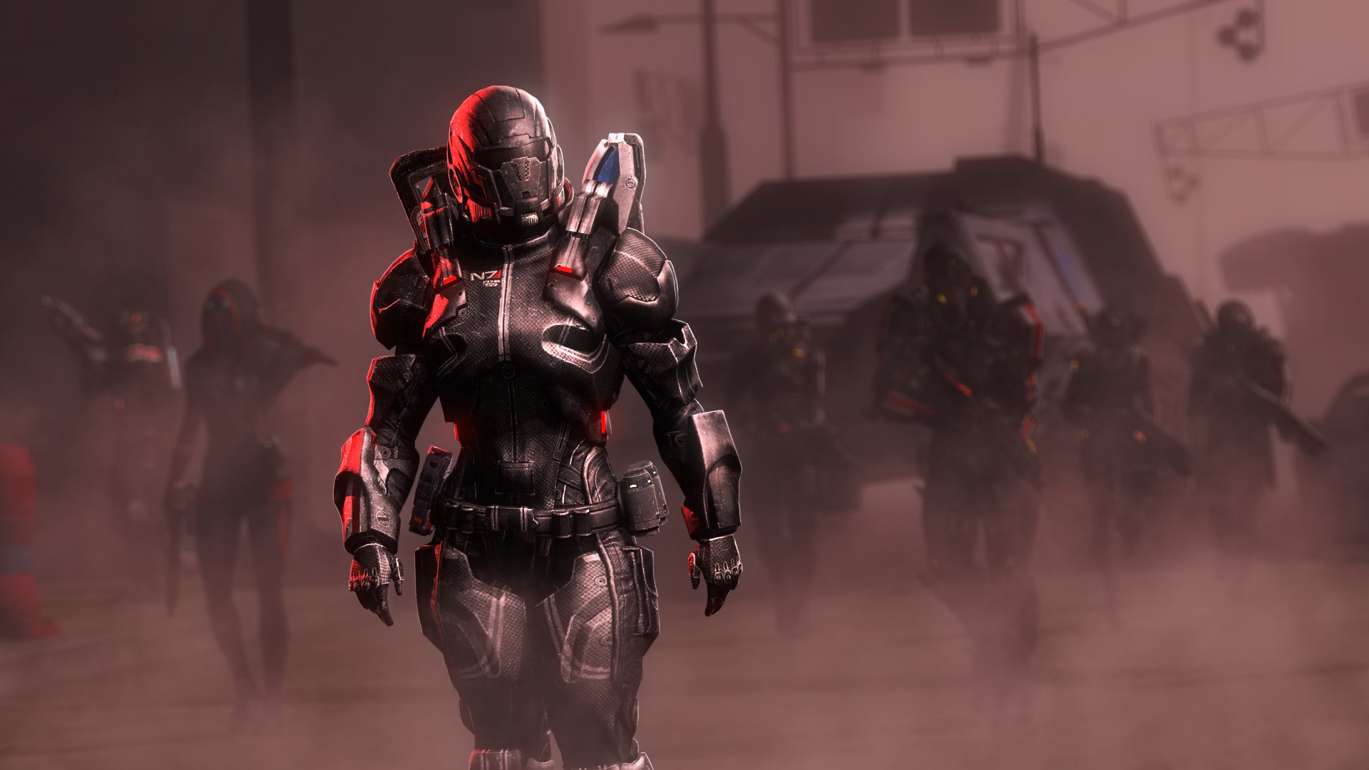 Mass Effect soldiers in armor on a foggy battlefield HD Wallpaper
