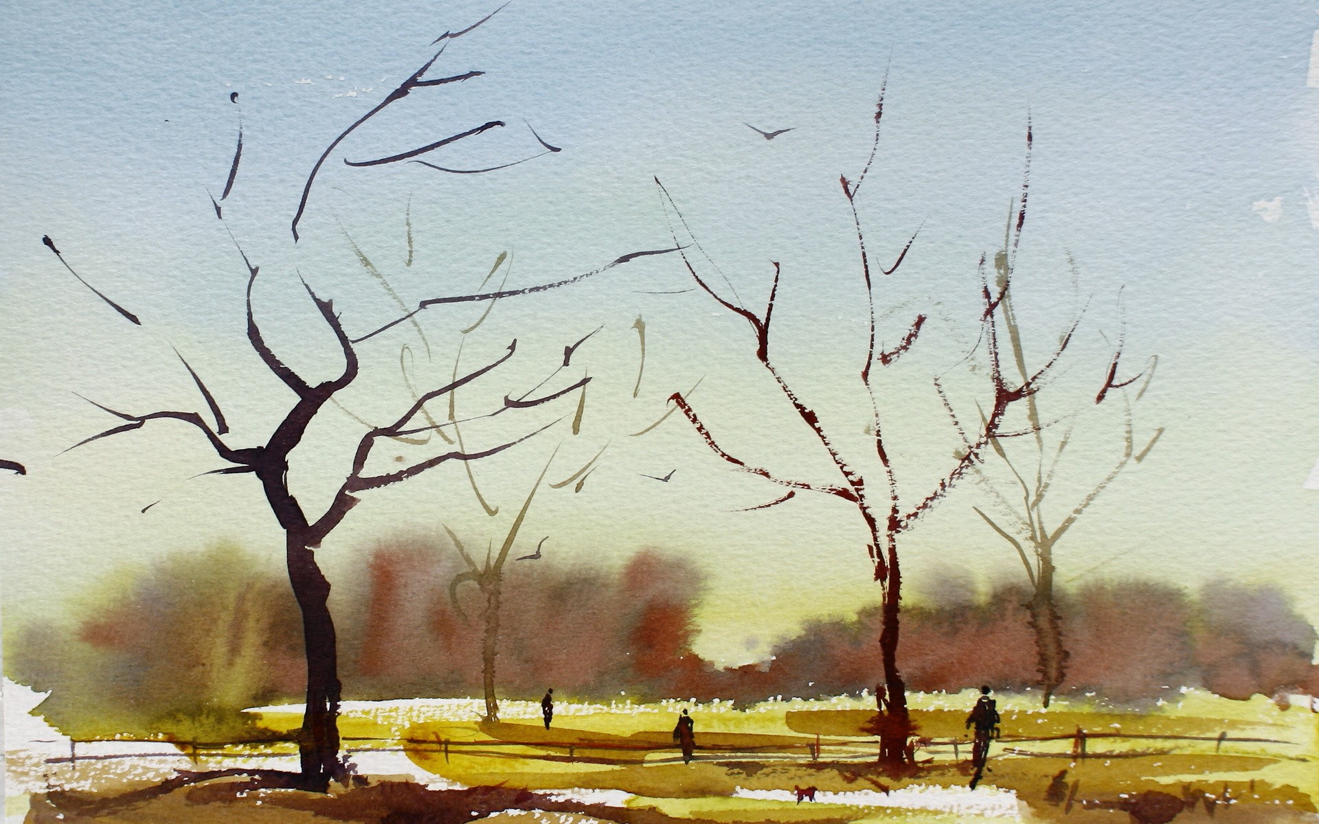 Watercolor painting of trees in a park with people HD Wallpaper