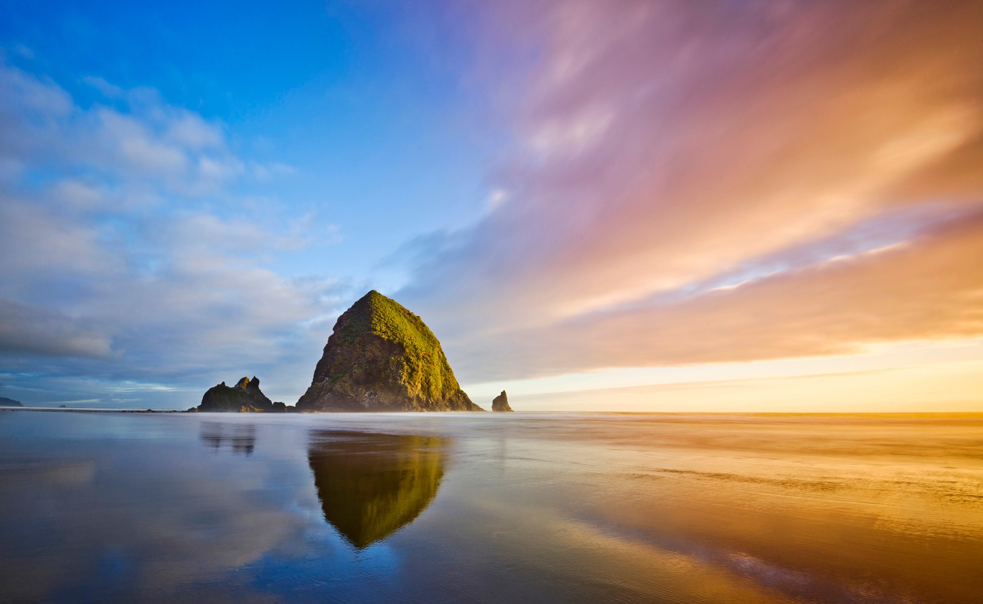 Haystack Rock at Sunset Reflection HD Wallpaper