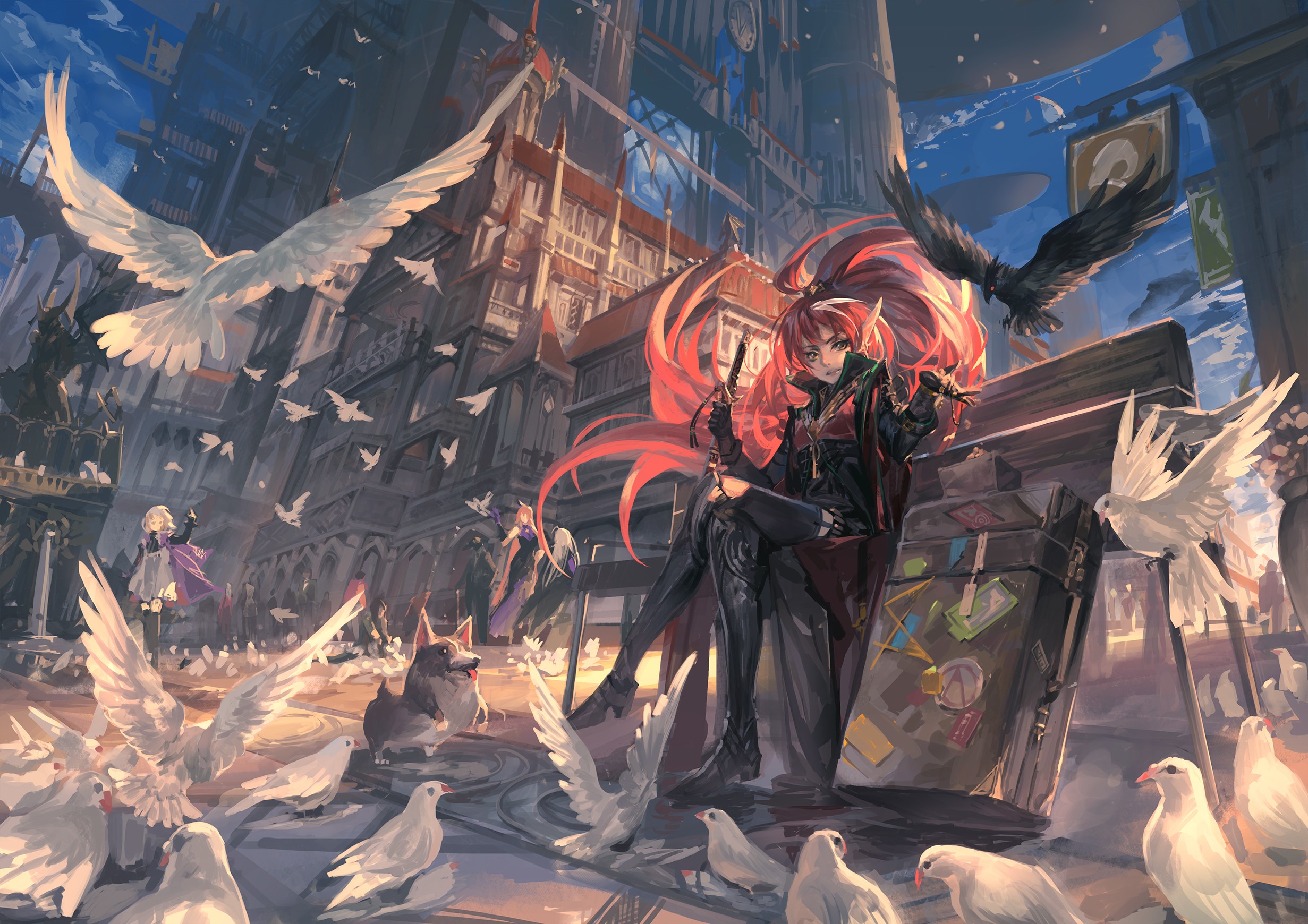 Girl with red hair and birds in a fantasy city HD Wallpaper