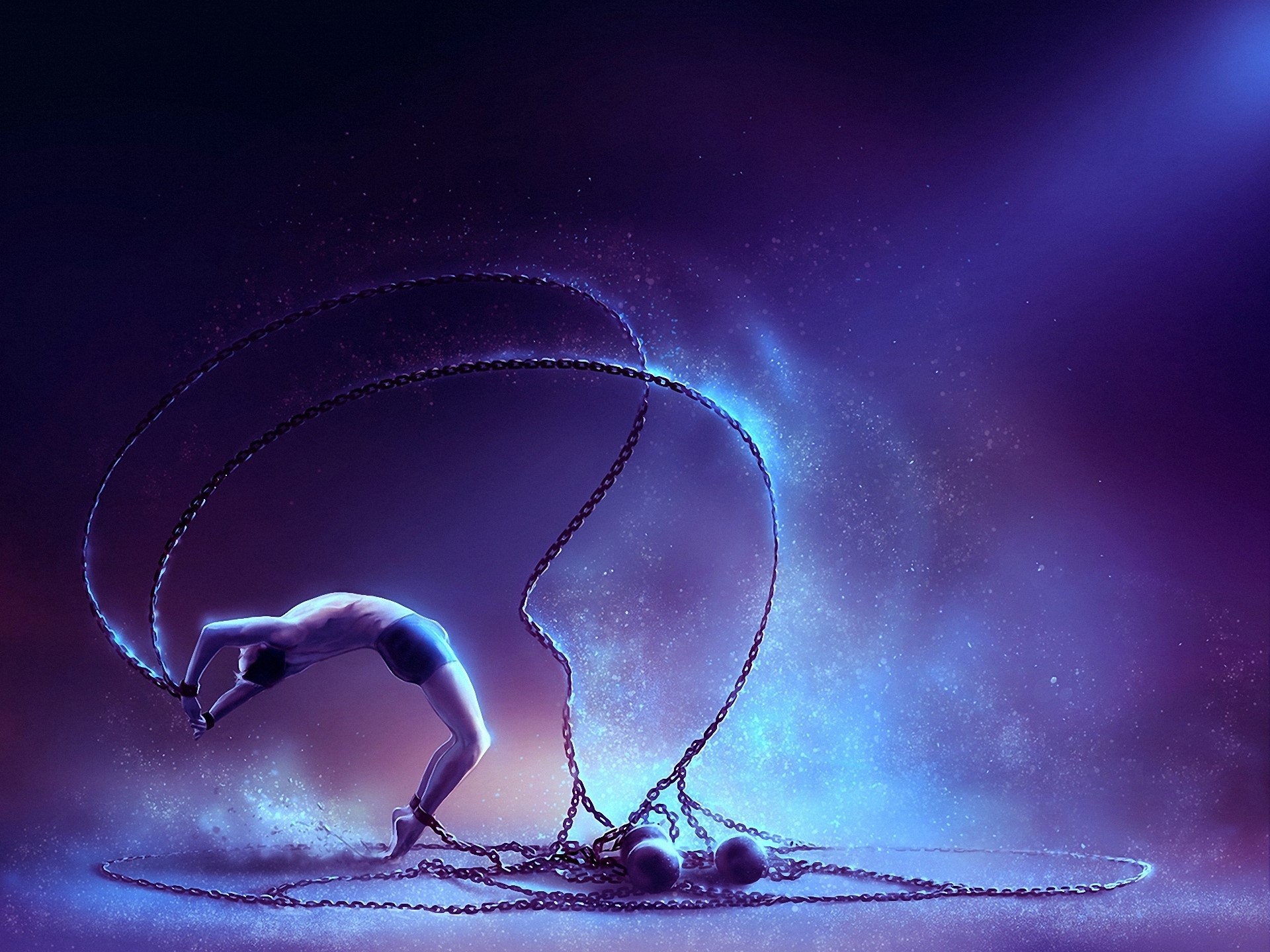 Man chained and bending backwards with chains and light HD Wallpaper