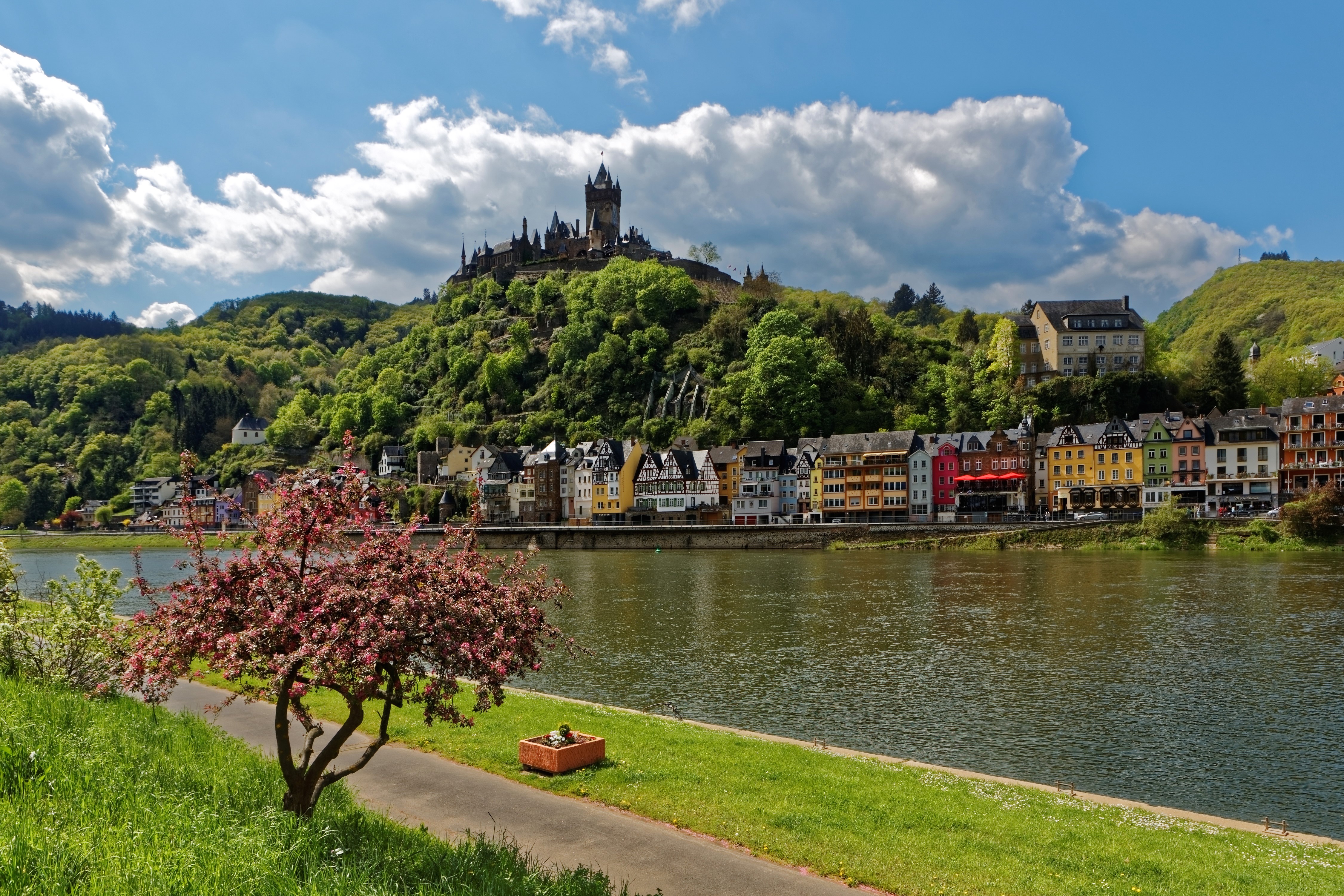 Cochem Castle and colorful houses along the Moselle River, Germany HD Wallpaper