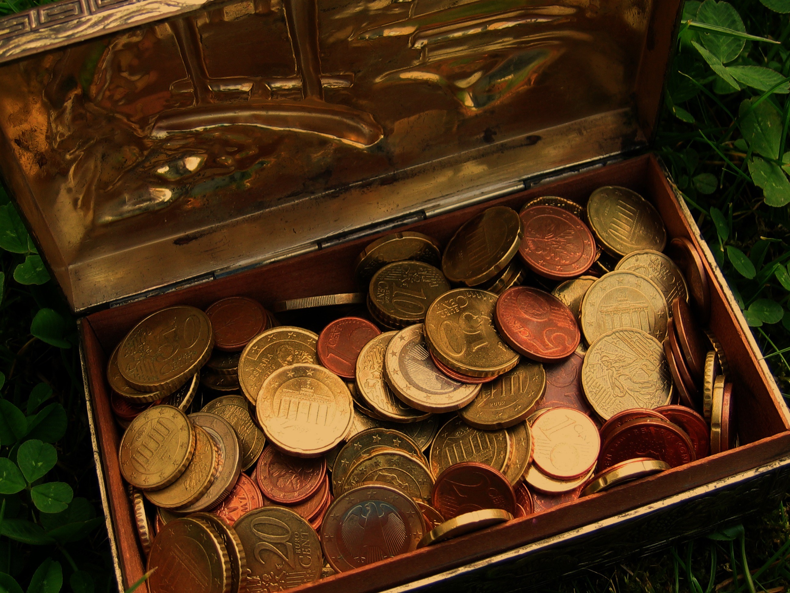 Treasure chest filled with Euro coins on grass HD Wallpaper