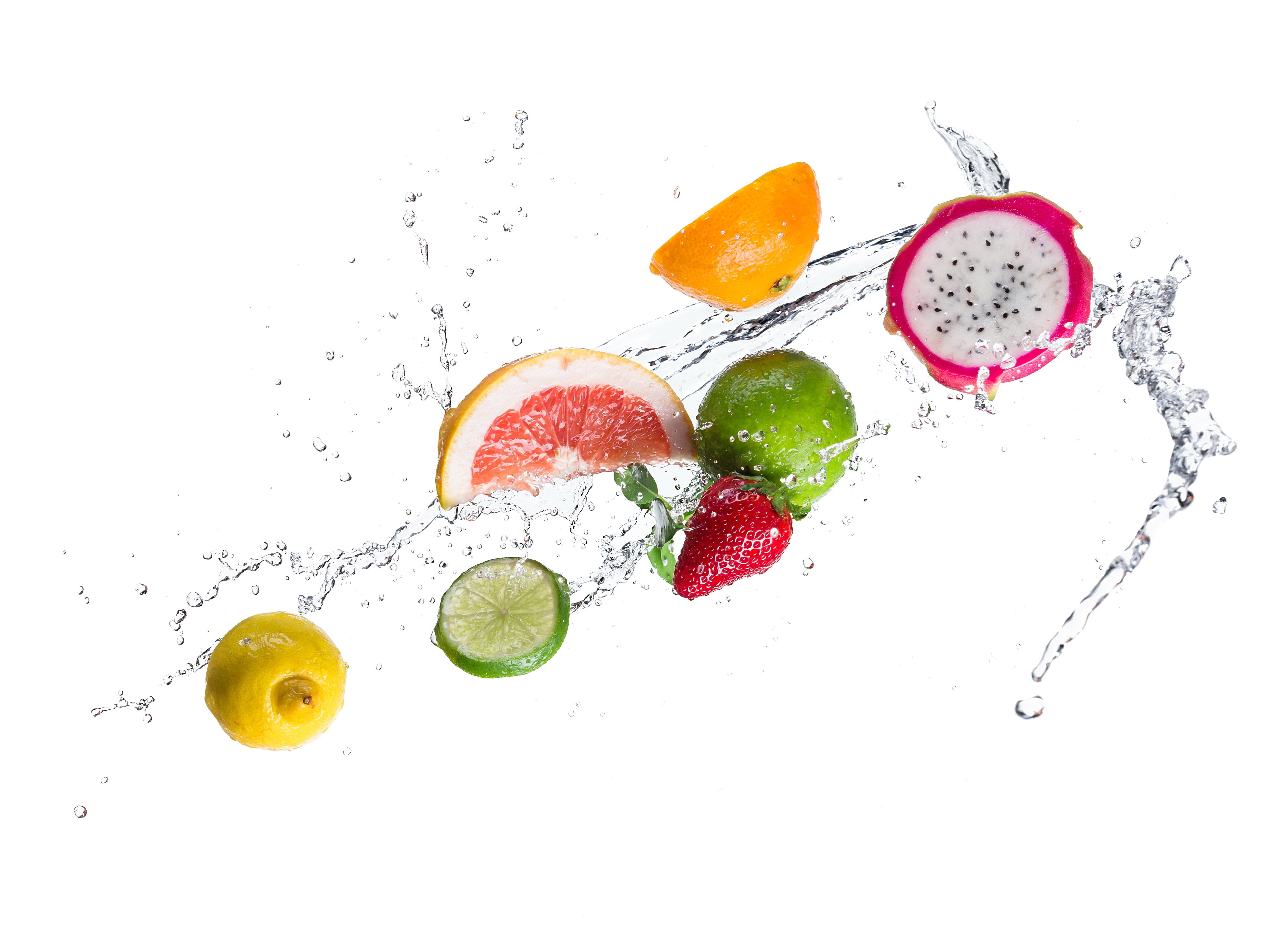 Fruit and water splash with strawberry, lime, lemon, orange, grapefruit, and dragon fruit HD Wallpaper