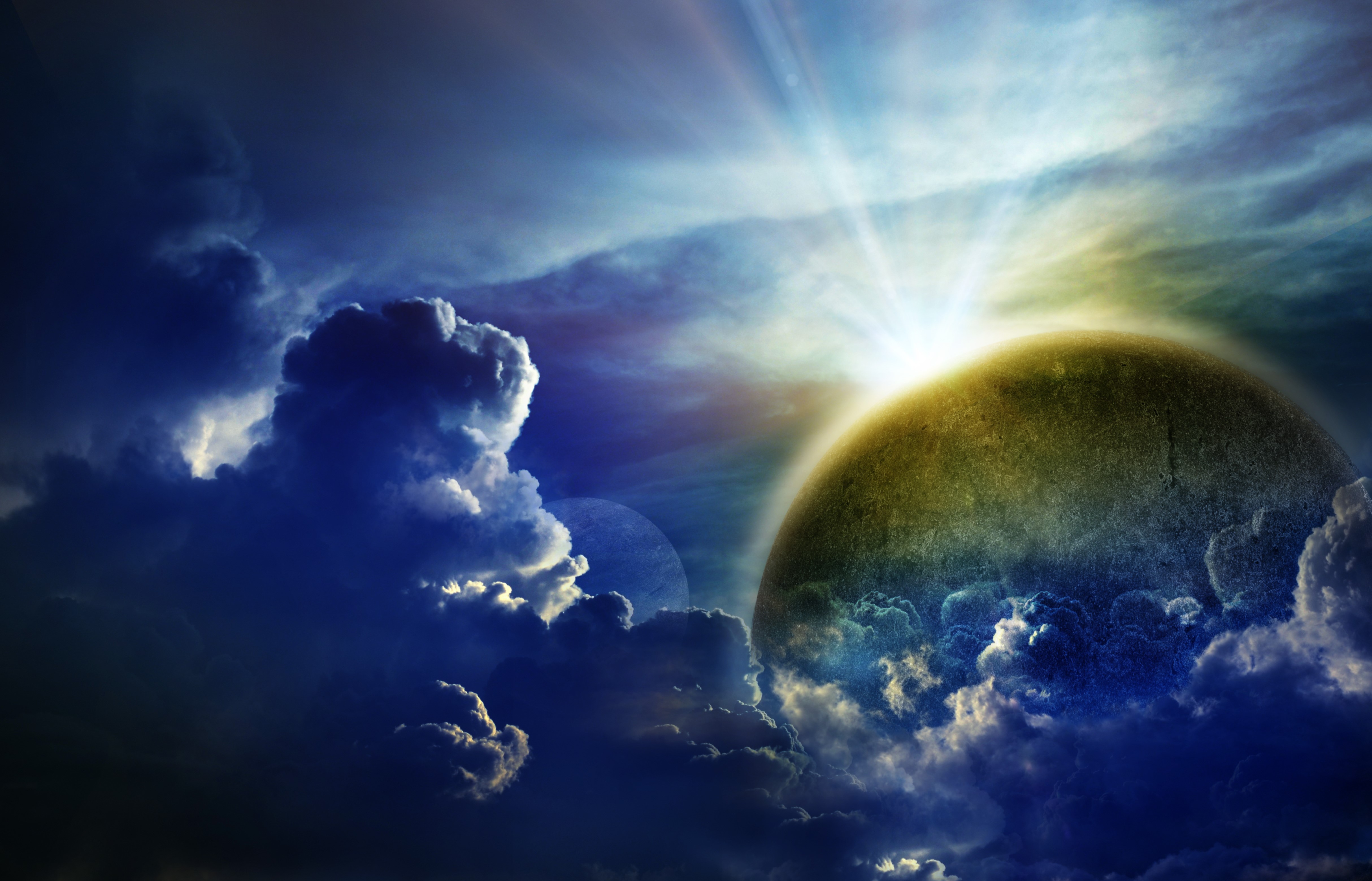 4K Planets and Clouds with Light Rays HD Wallpaper