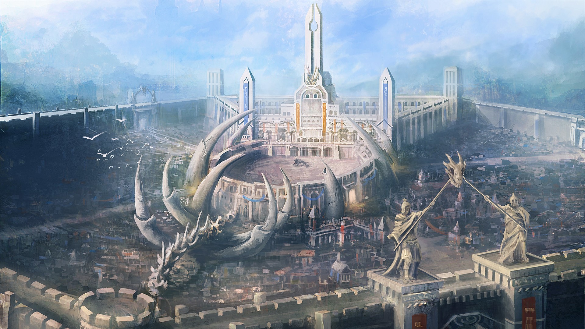Fantasy castle with dragon skeleton and statues HD Wallpaper