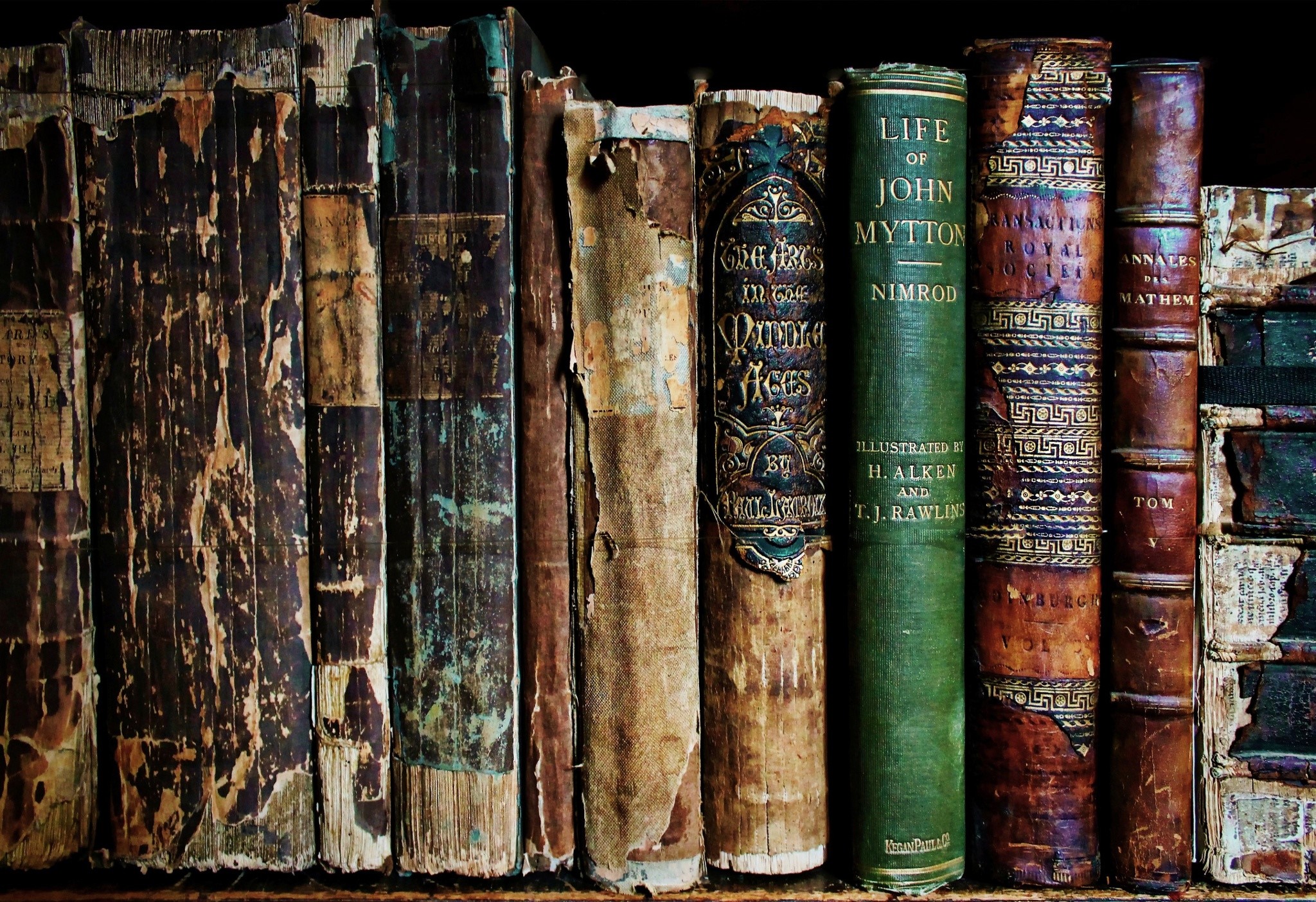 Collection of Old Books on a Shelf HD Wallpaper